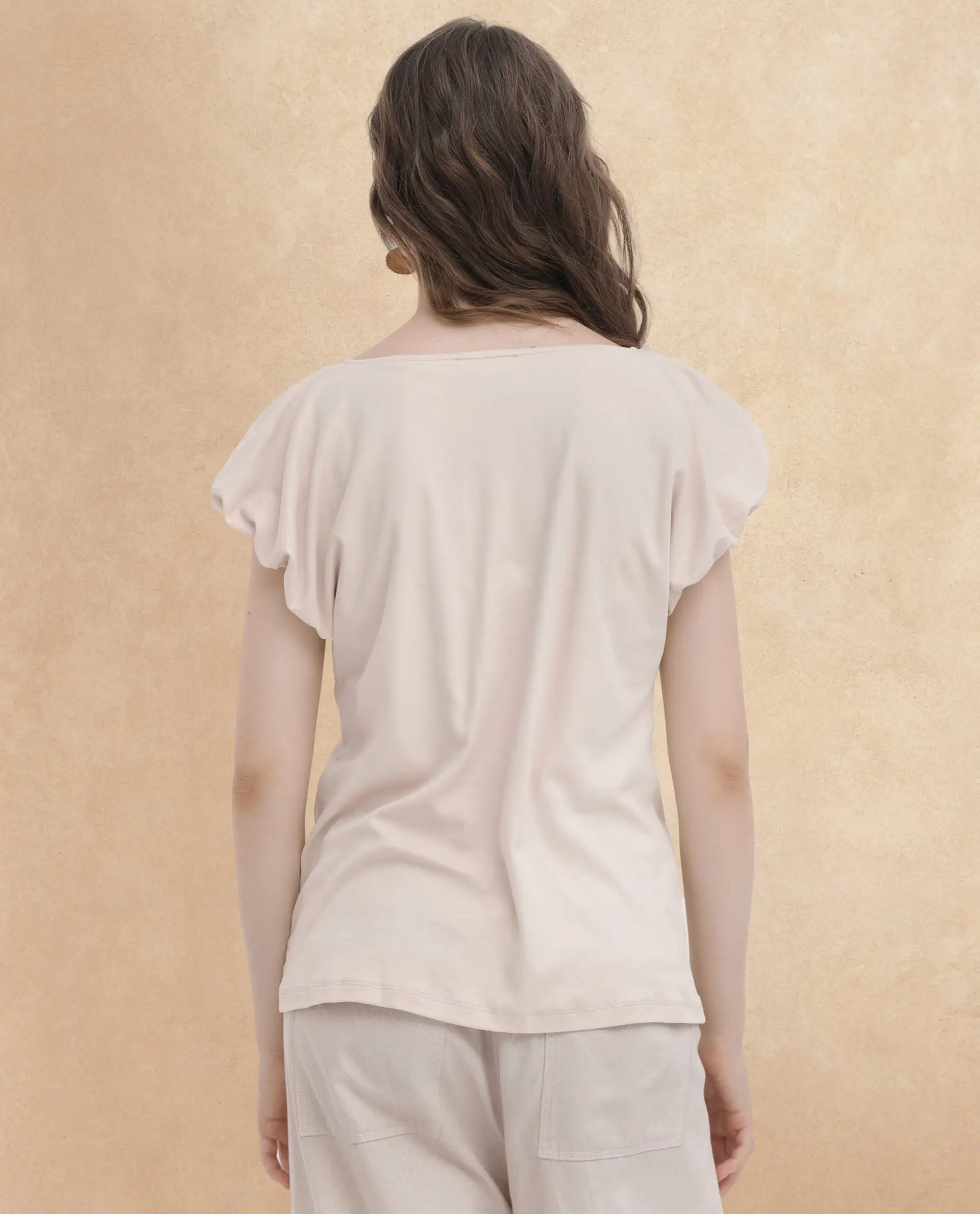 Rareism Women Conrad Beige Cotton Fabric Short Sleeves V-Neck Extended Sleeve Regular Fit Plain Top