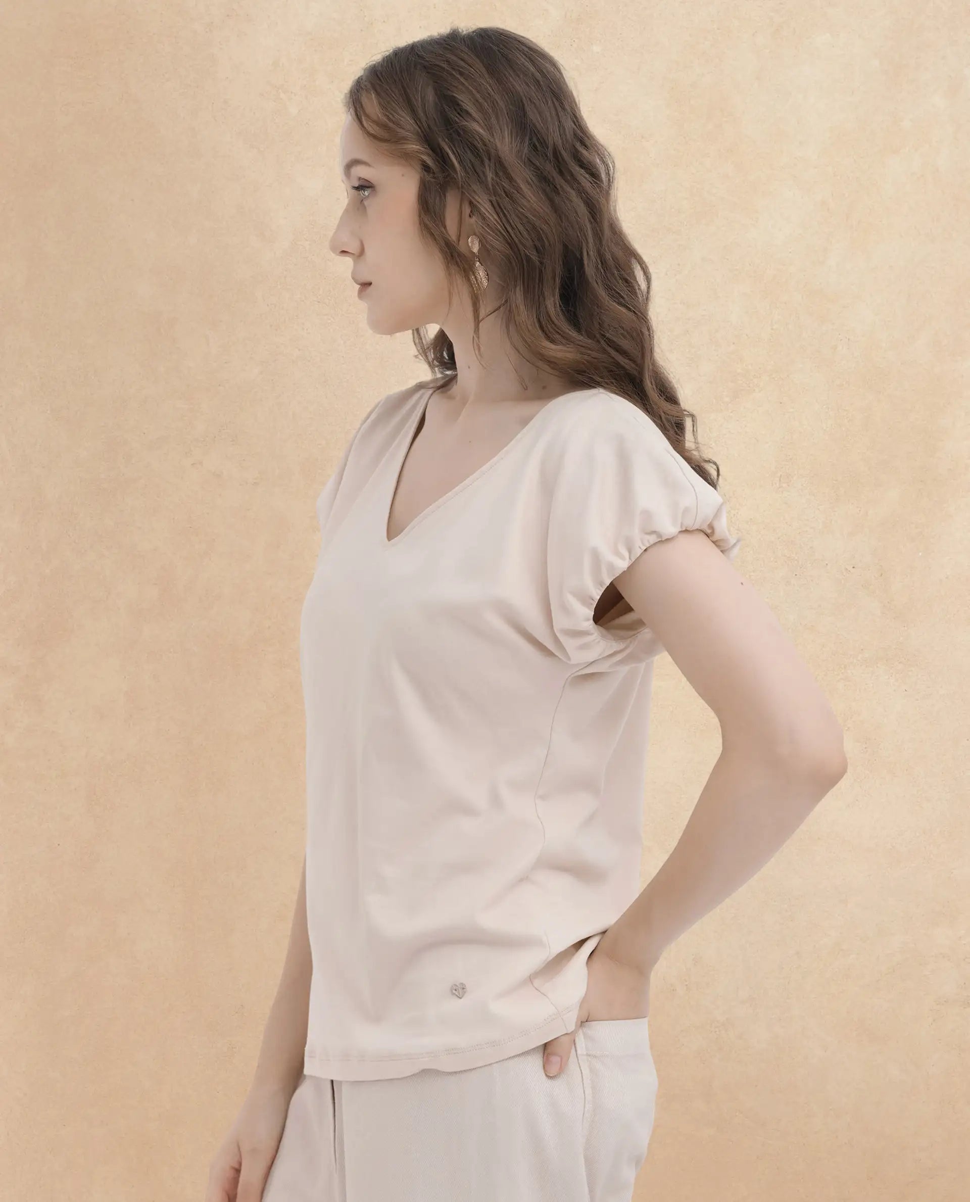 Rareism Women Conrad Beige Cotton Fabric Short Sleeves V-Neck Extended Sleeve Regular Fit Plain Top