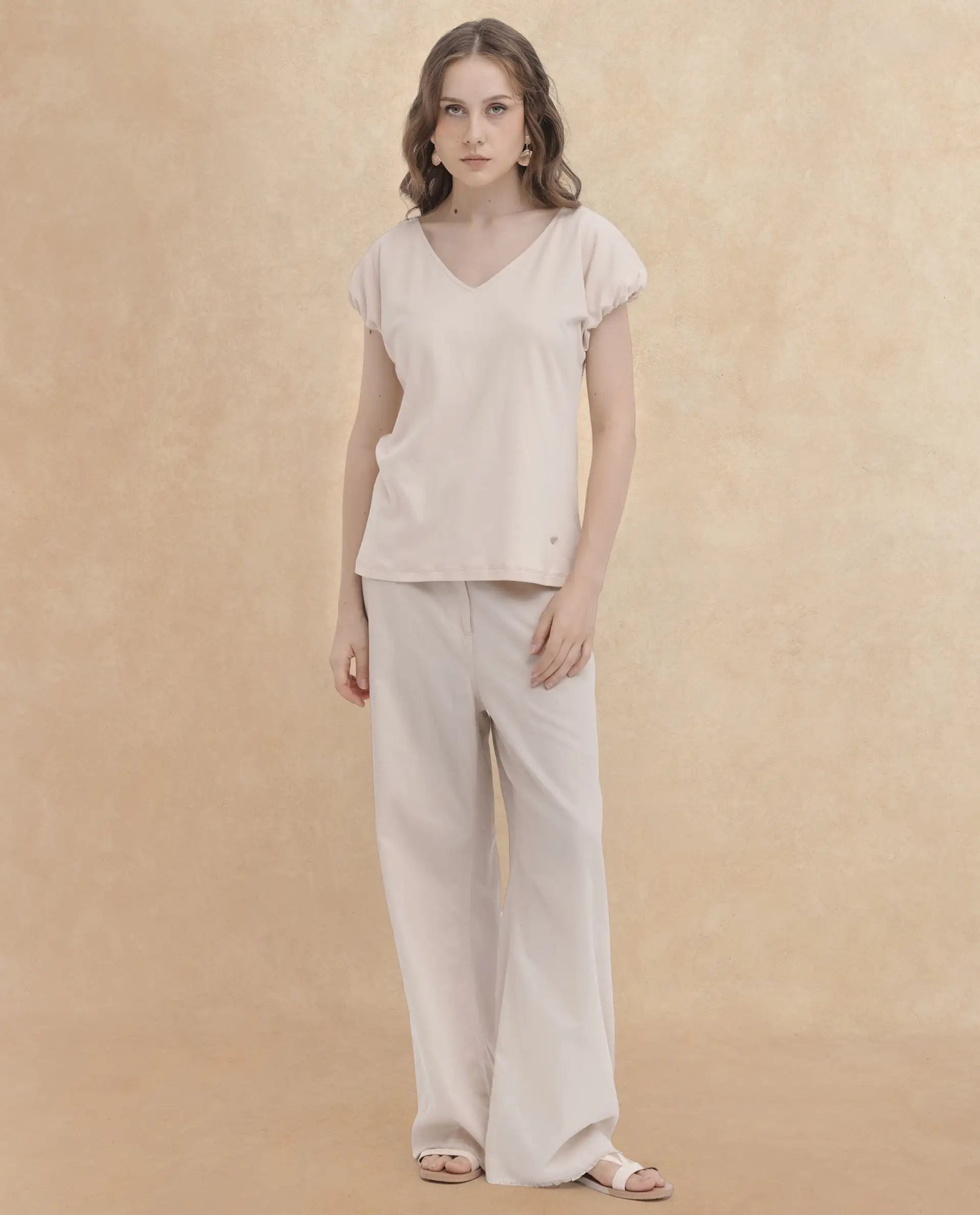 Rareism Women Conrad Beige Cotton Fabric Short Sleeves V-Neck Extended Sleeve Regular Fit Plain Top