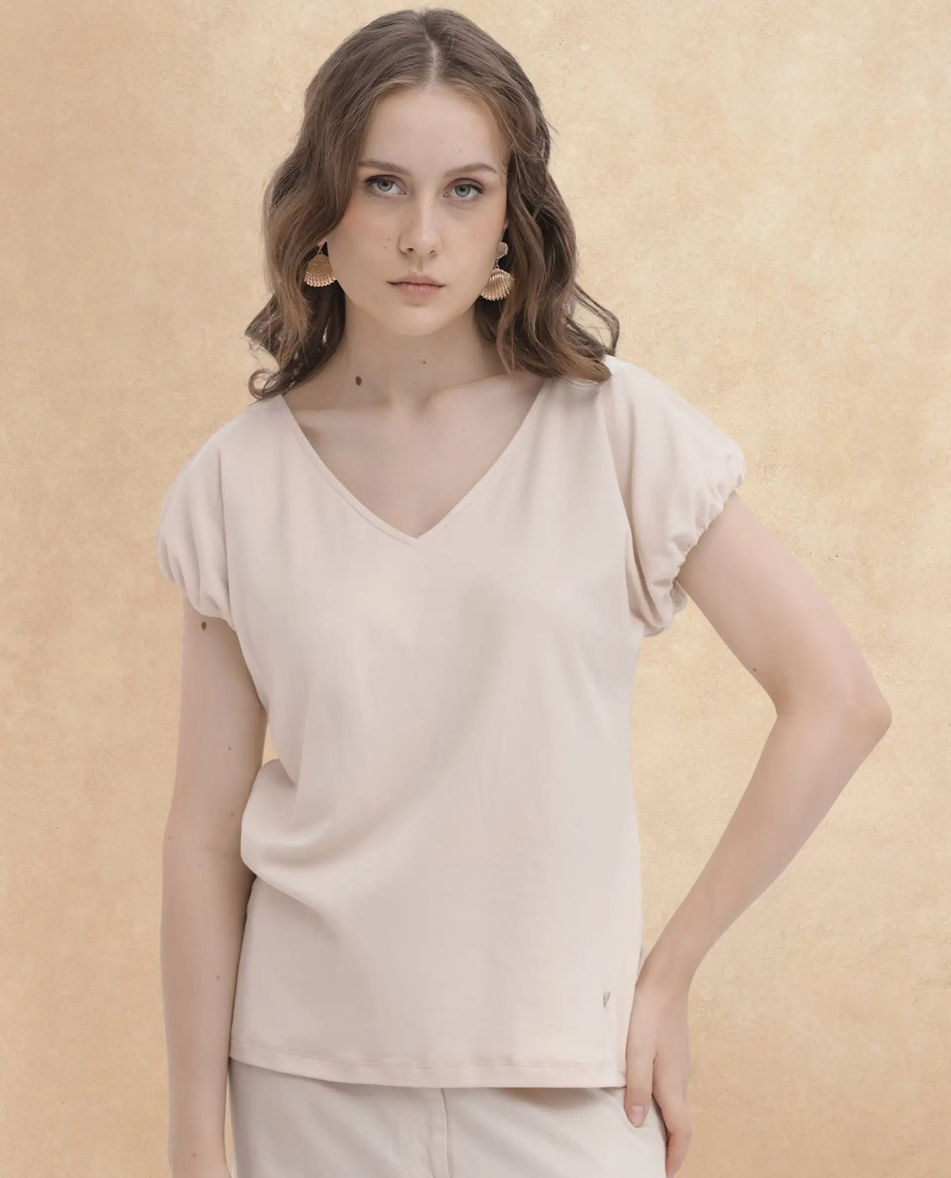 Rareism Women Conrad Beige Cotton Fabric Short Sleeves V-Neck Extended Sleeve Regular Fit Plain Top