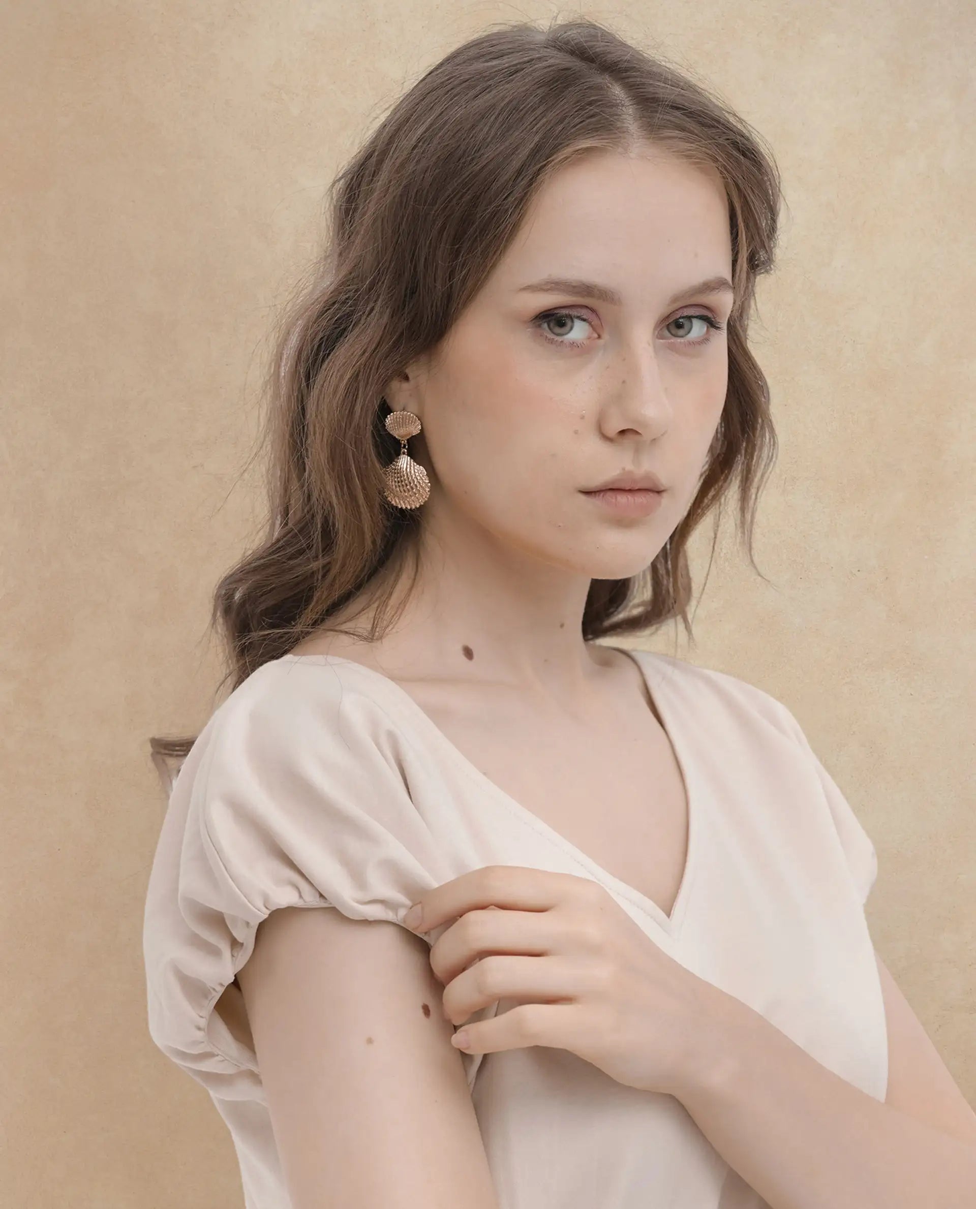 Rareism Women Conrad Beige Cotton Fabric Short Sleeves V-Neck Extended Sleeve Regular Fit Plain Top