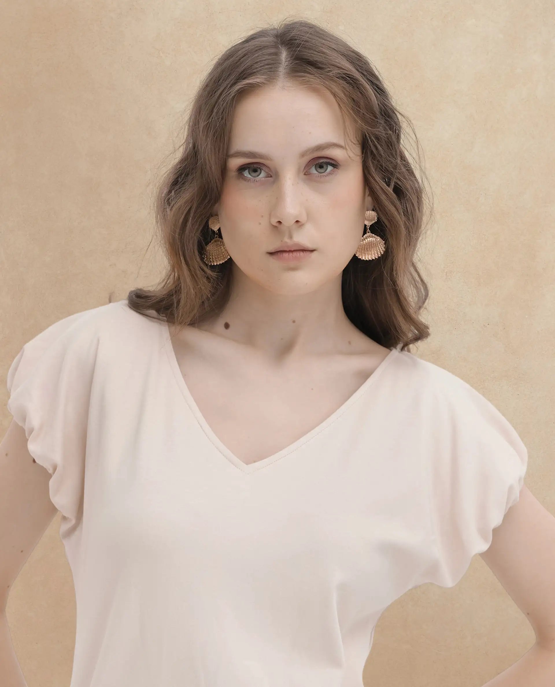 Rareism Women Conrad Beige Cotton Fabric Short Sleeves V-Neck Extended Sleeve Regular Fit Plain Top