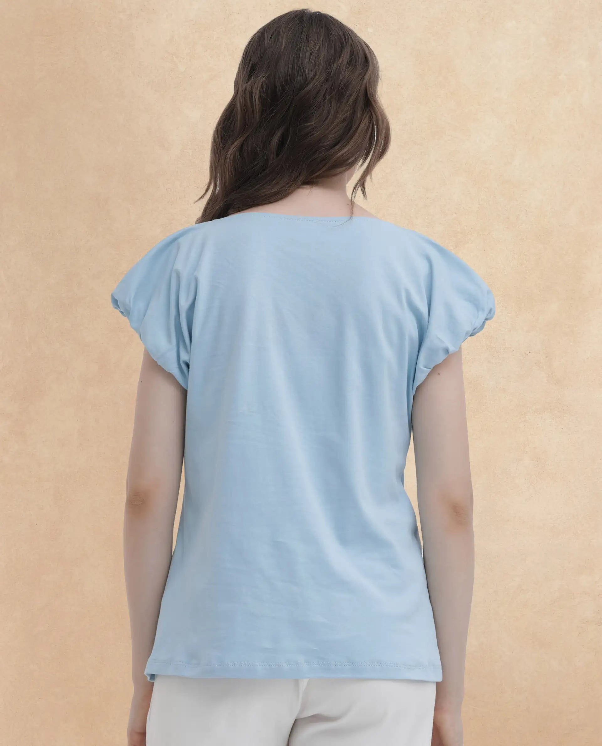 Rareism Women Conrad Light Blue Cotton Fabric Short Sleeves V-Neck Extended Sleeve Regular Fit Plain Top