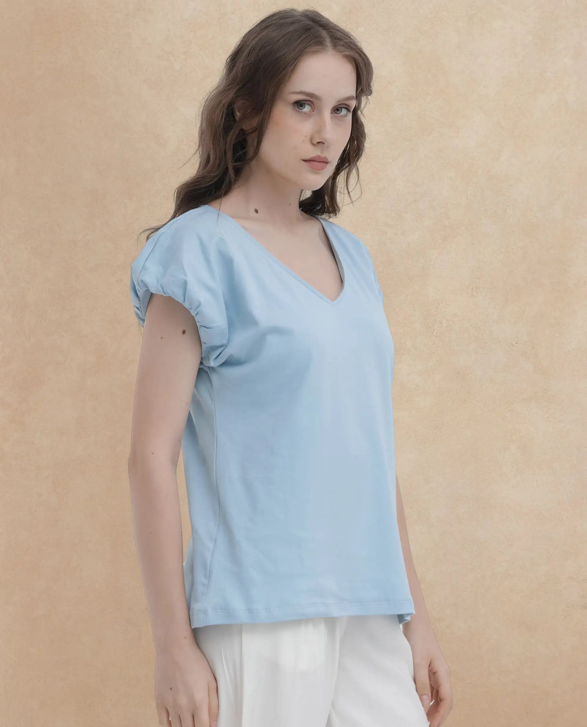 Rareism Women Conrad Light Blue Cotton Fabric Short Sleeves V-Neck Extended Sleeve Regular Fit Plain Top