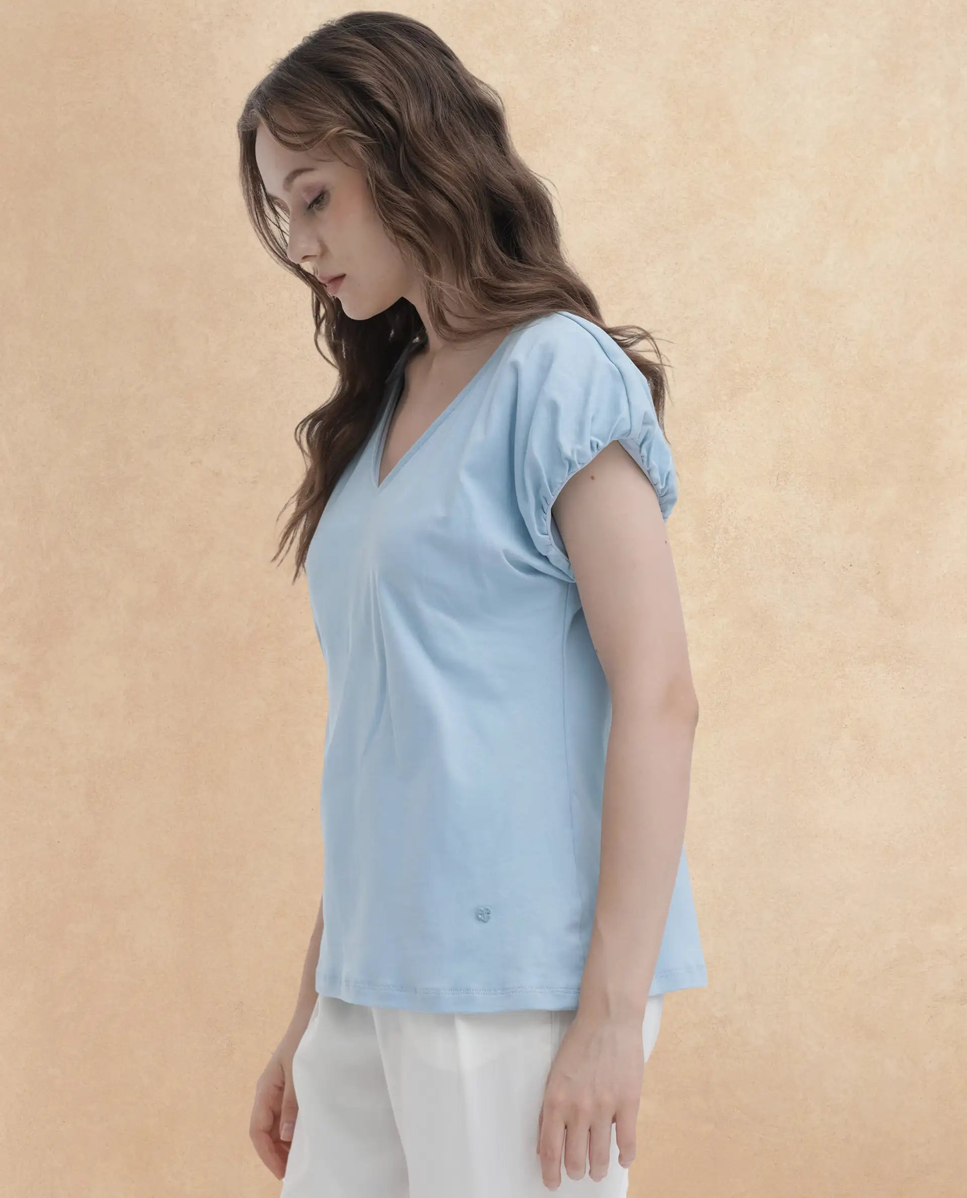 Rareism Women Conrad Light Blue Cotton Fabric Short Sleeves V-Neck Extended Sleeve Regular Fit Plain Top