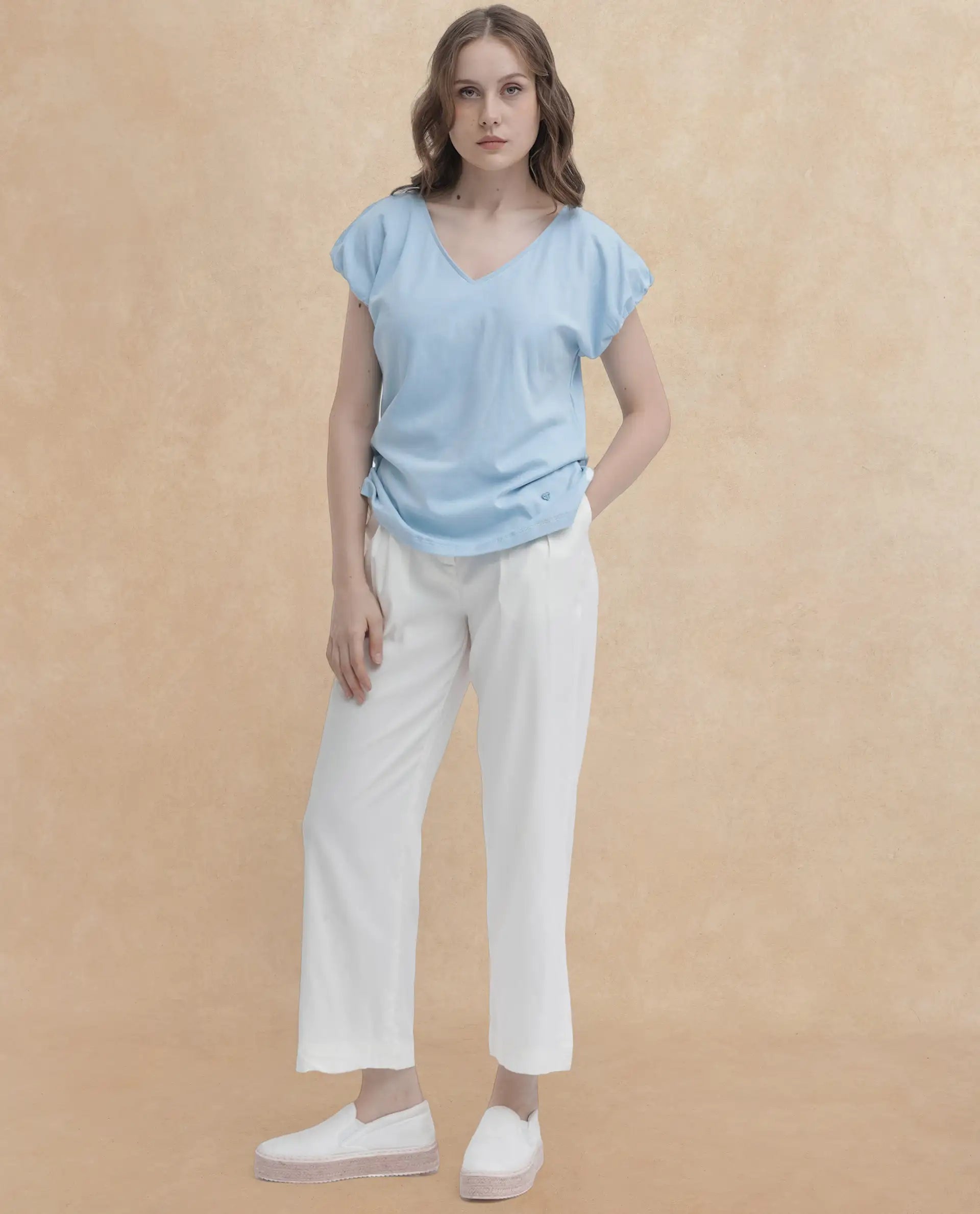 Rareism Women Conrad Light Blue Cotton Fabric Short Sleeves V-Neck Extended Sleeve Regular Fit Plain Top