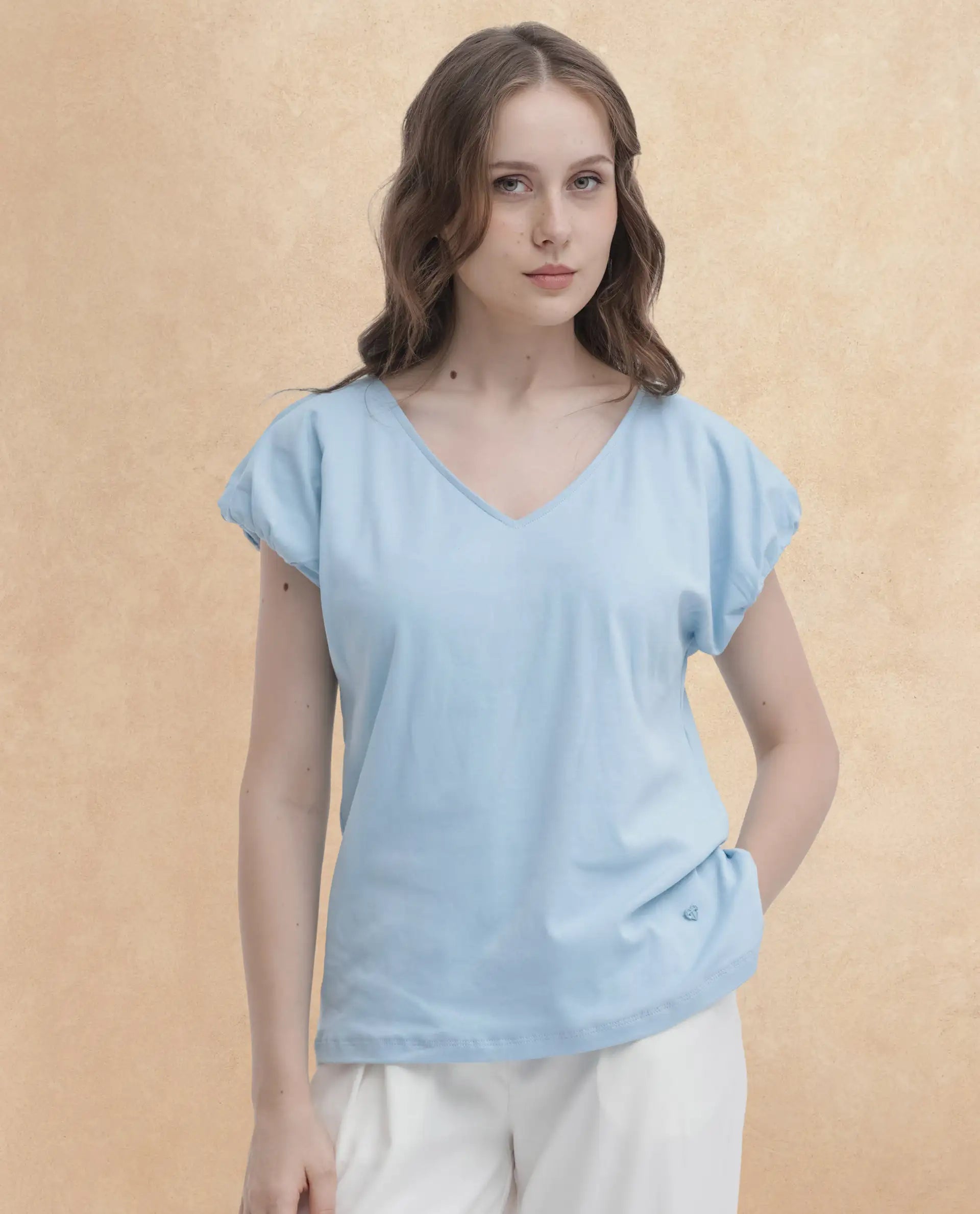 Rareism Women Conrad Light Blue Cotton Fabric Short Sleeves V-Neck Extended Sleeve Regular Fit Plain Top