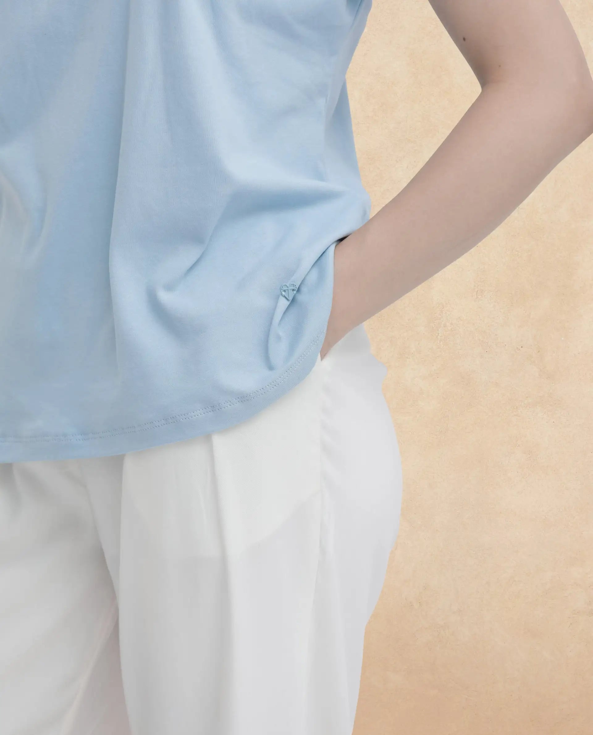 Rareism Women Conrad Light Blue Cotton Fabric Short Sleeves V-Neck Extended Sleeve Regular Fit Plain Top