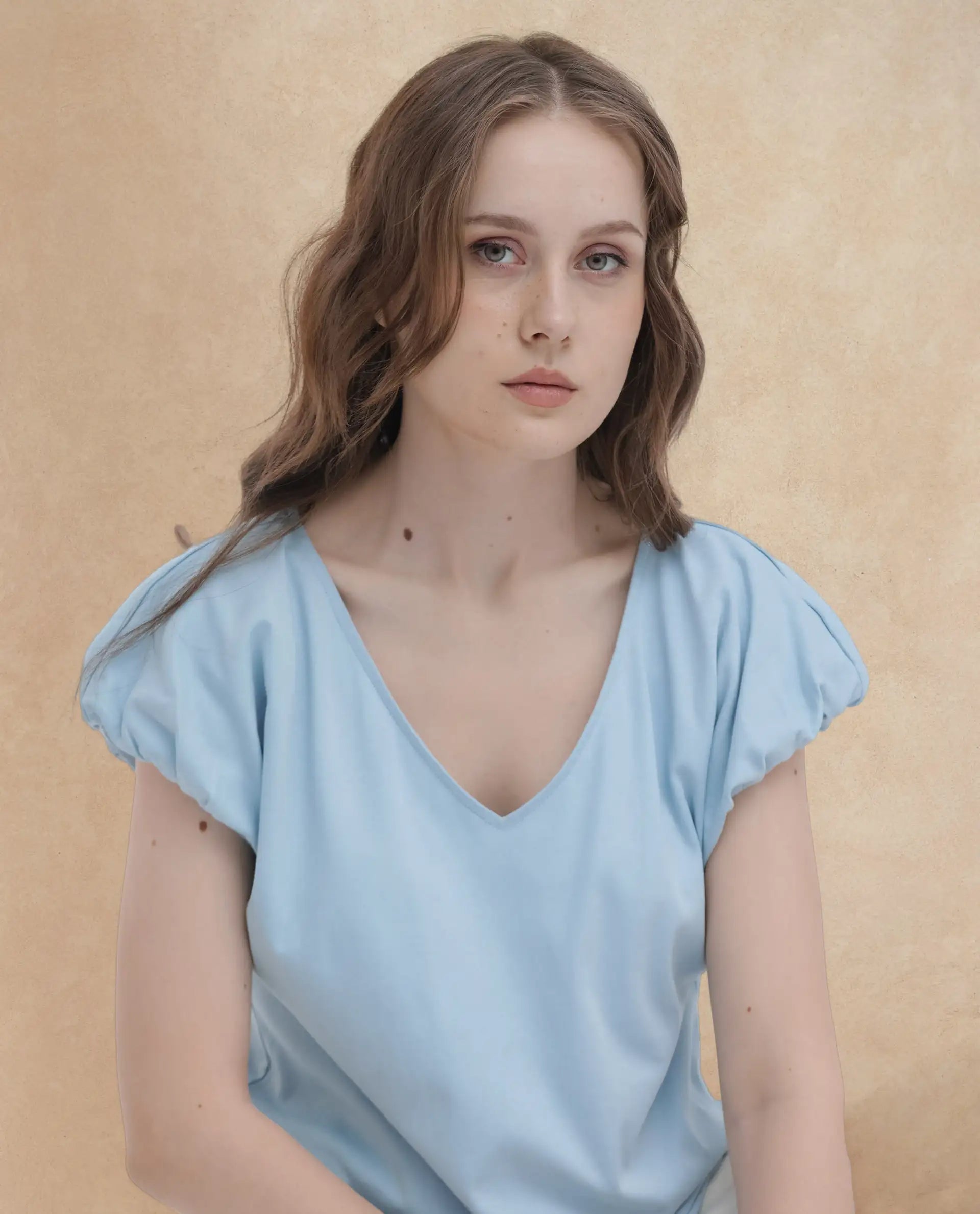 Rareism Women Conrad Light Blue Cotton Fabric Short Sleeves V-Neck Extended Sleeve Regular Fit Plain Top