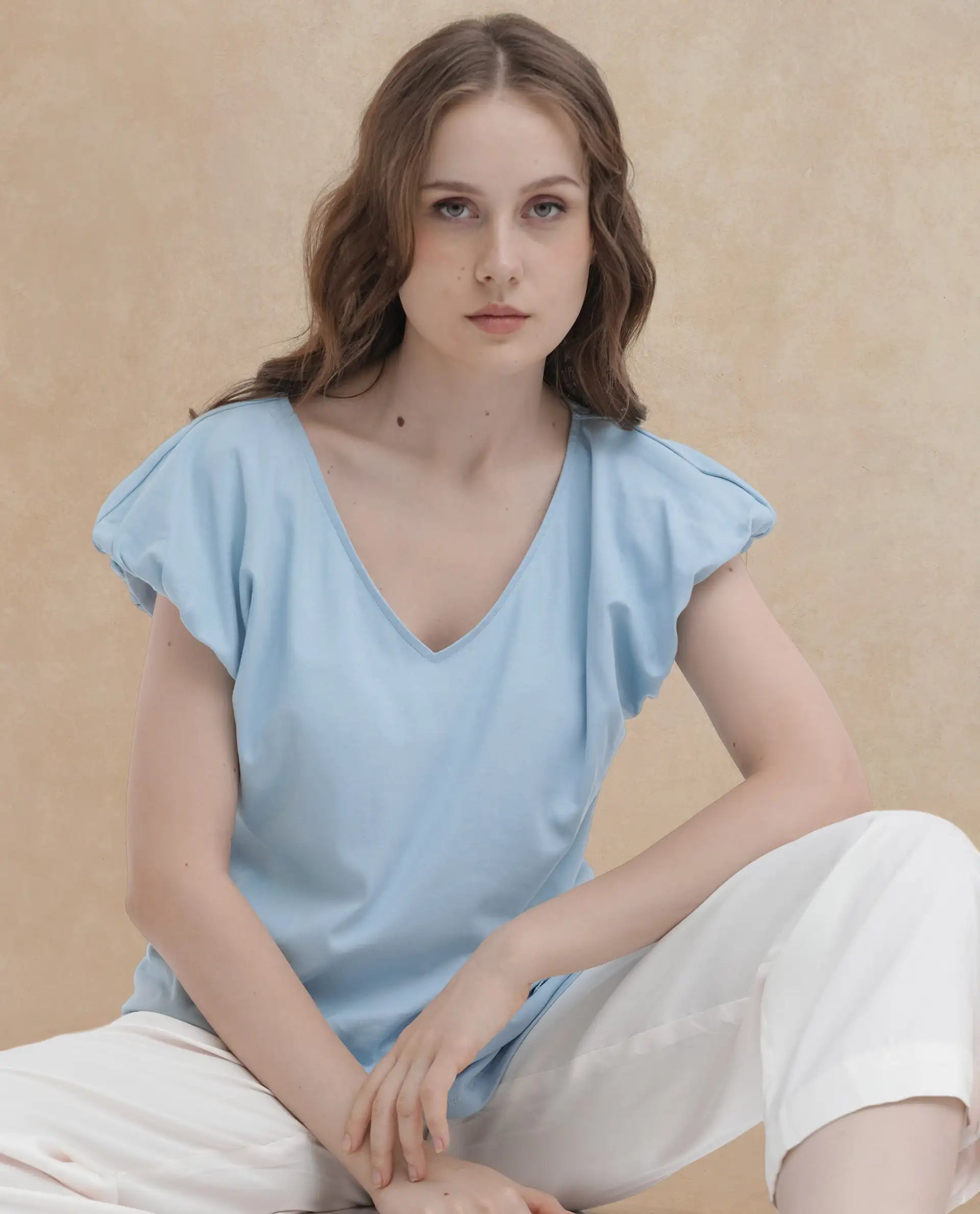Rareism Women Conrad Light Blue Cotton Fabric Short Sleeves V-Neck Extended Sleeve Regular Fit Plain Top