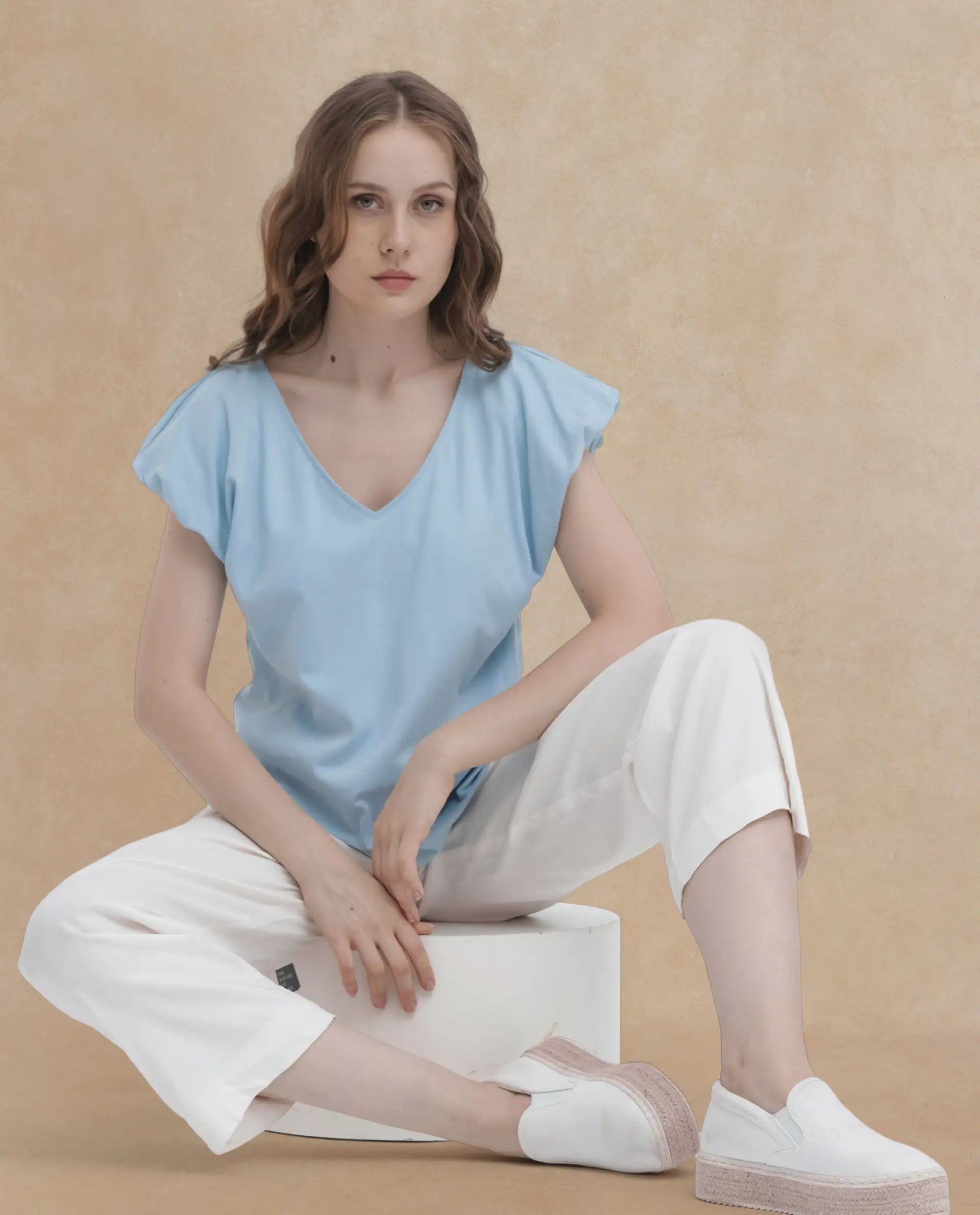 Rareism Women Conrad Light Blue Cotton Fabric Short Sleeves V-Neck Extended Sleeve Regular Fit Plain Top