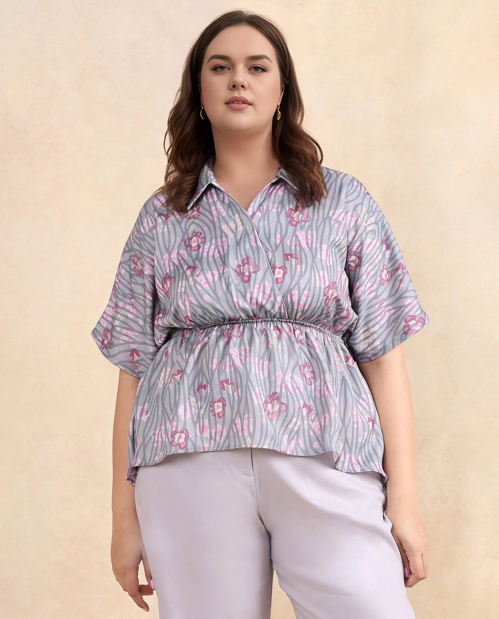 Rareism Women Copa Dusky Multi Satin Kimono Sleeve Jonny Collar Floral Print Top