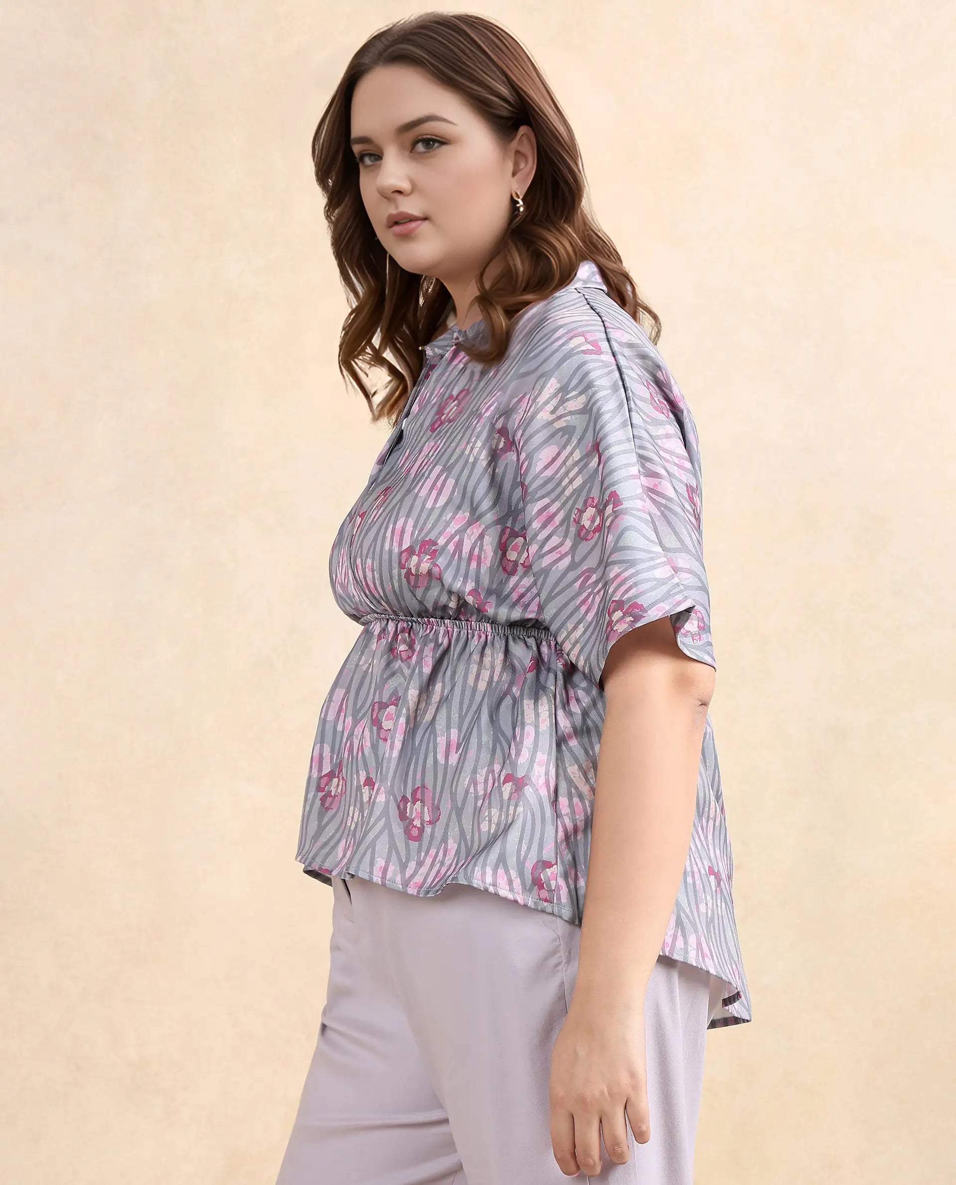 Rareism Women Copa Dusky Multi Satin Kimono Sleeve Jonny Collar Floral Print Top