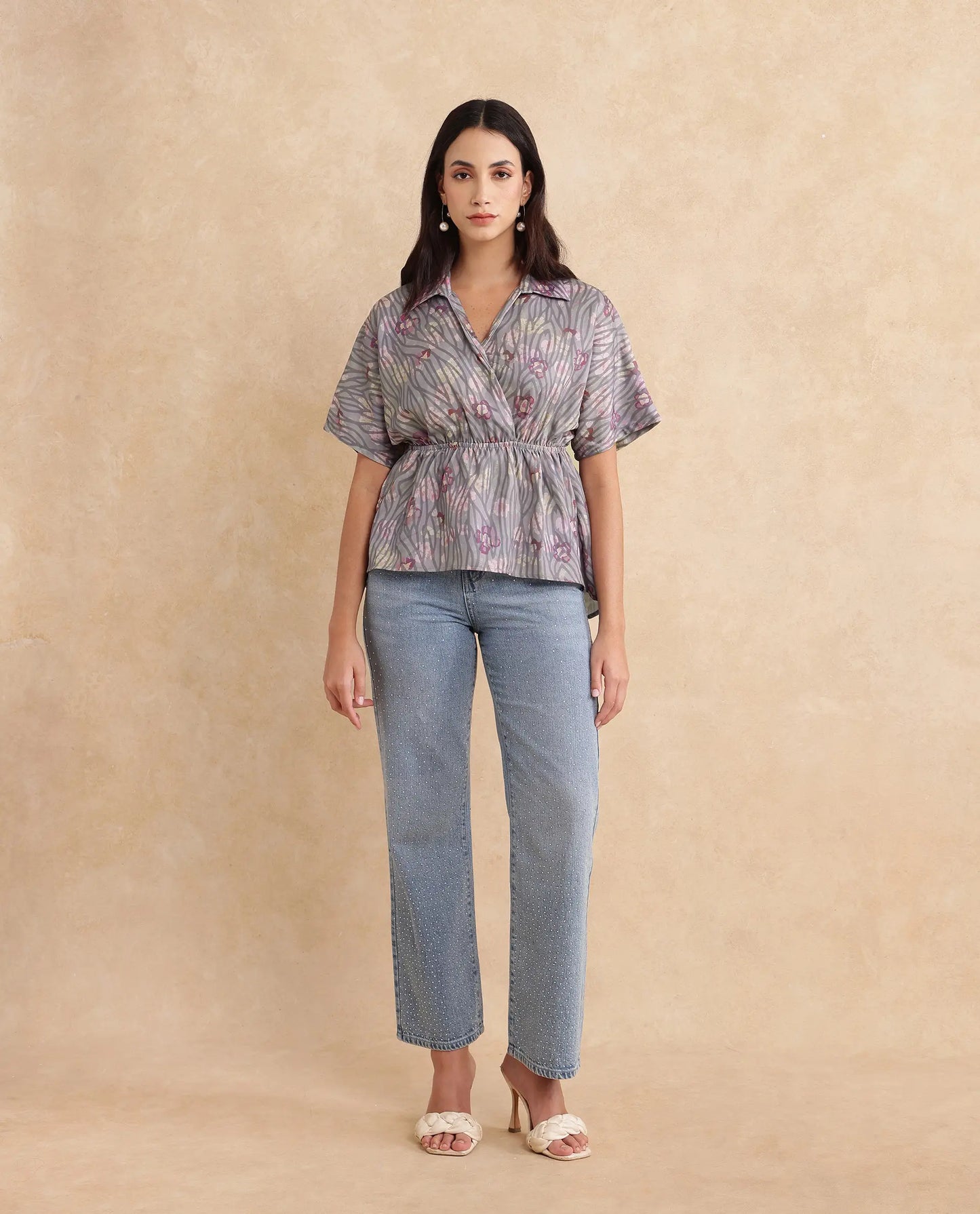 Rareism Women Copa Dusky Multi Satin Kimono Sleeve Jonny Collar Floral Print Top