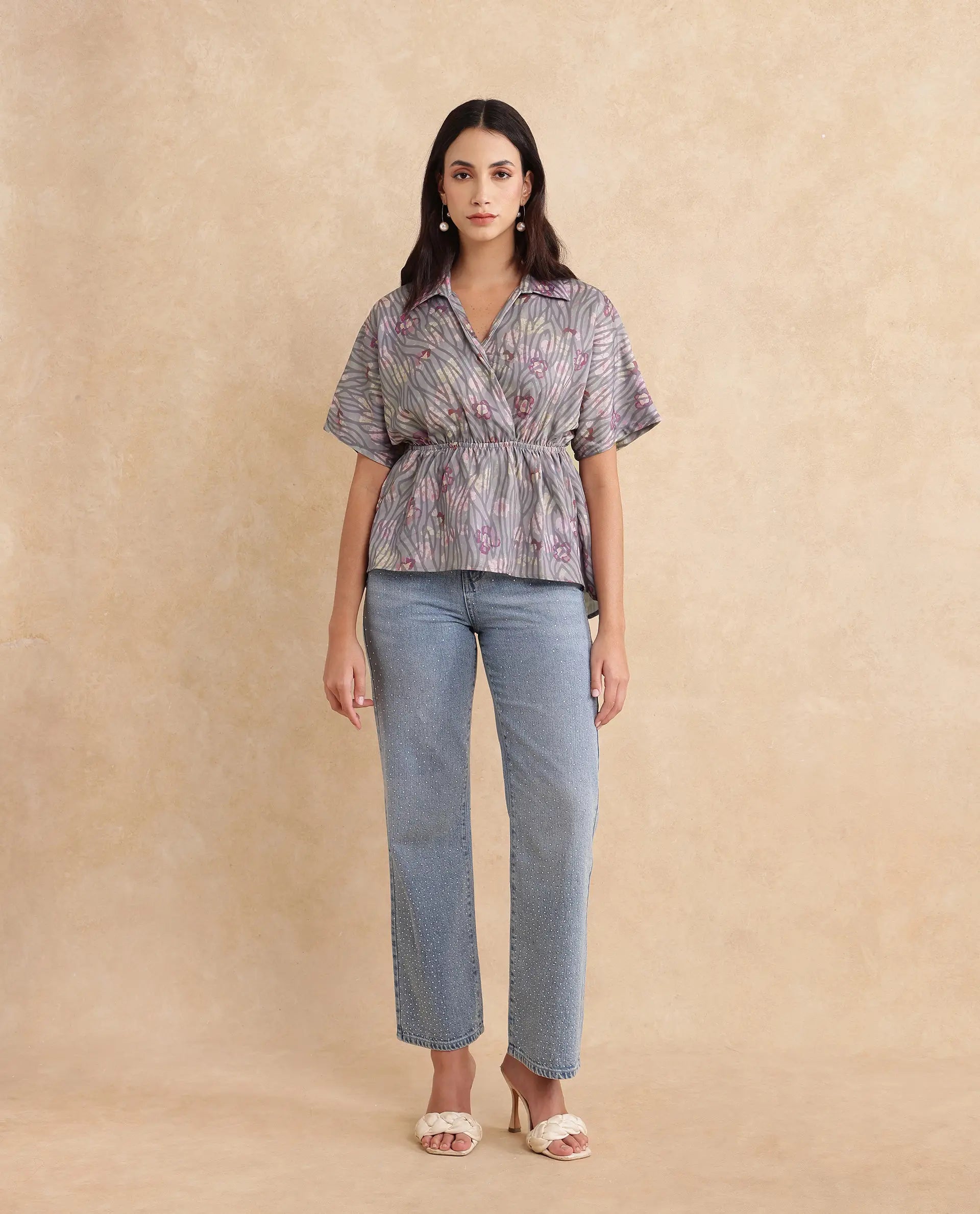 Rareism Women Copa Dusky Multi Satin Kimono Sleeve Jonny Collar Floral Print Top