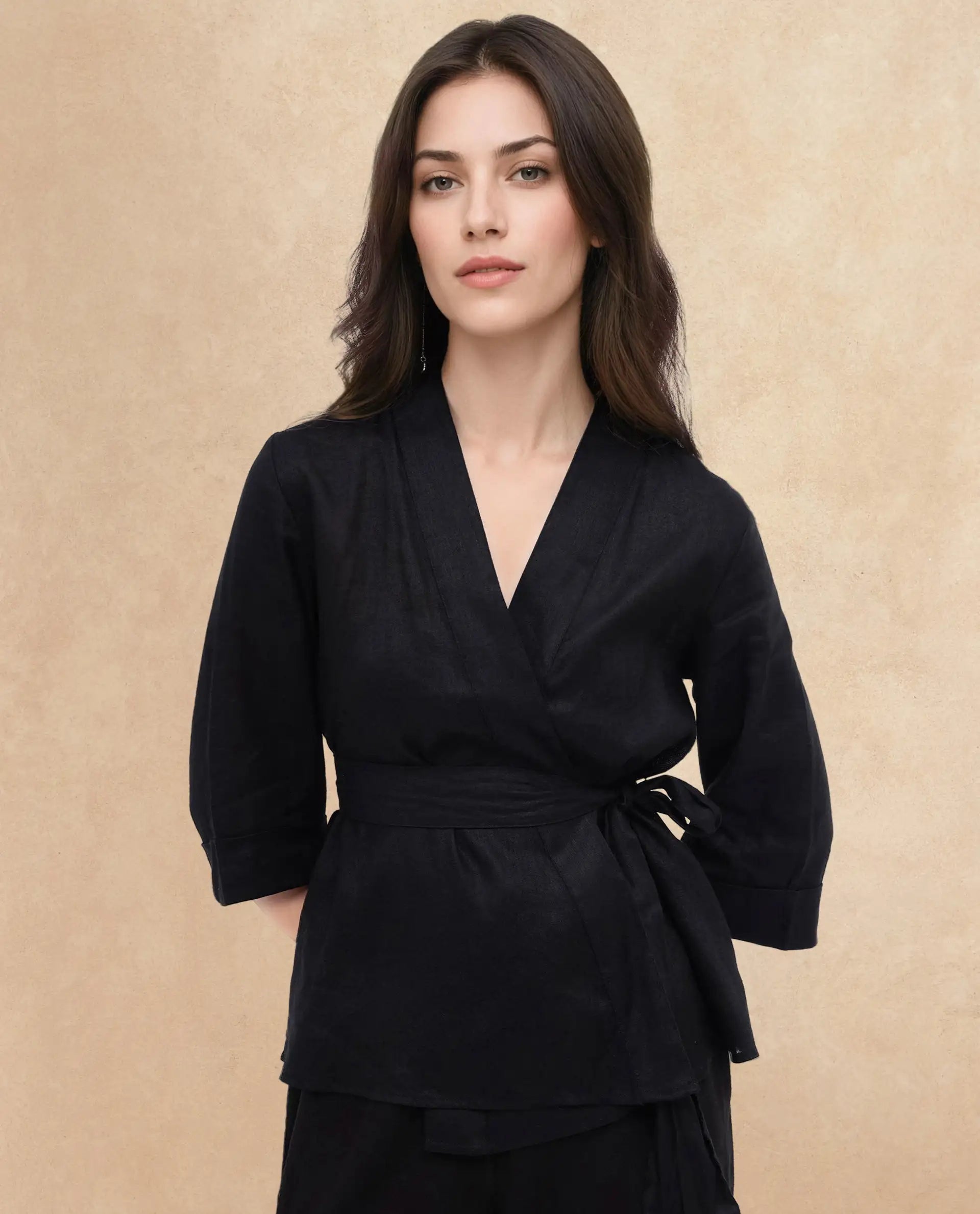 Rareism Women Costa-T Black Cotton Linen Fabric Regular Sleeves Collared Neck Solid Regular Length Top