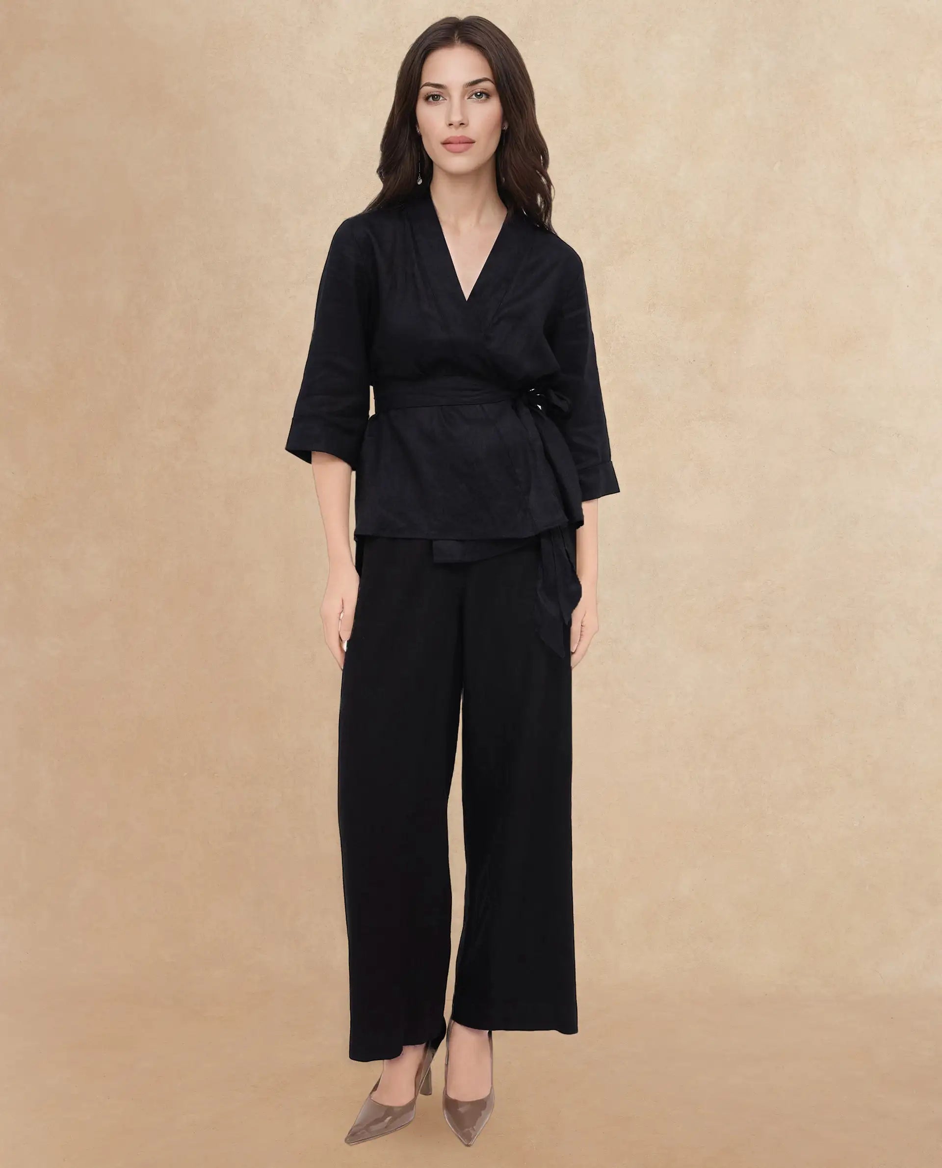 Rareism Women Costa-T Black Cotton Linen Fabric Regular Sleeves Collared Neck Solid Regular Length Top