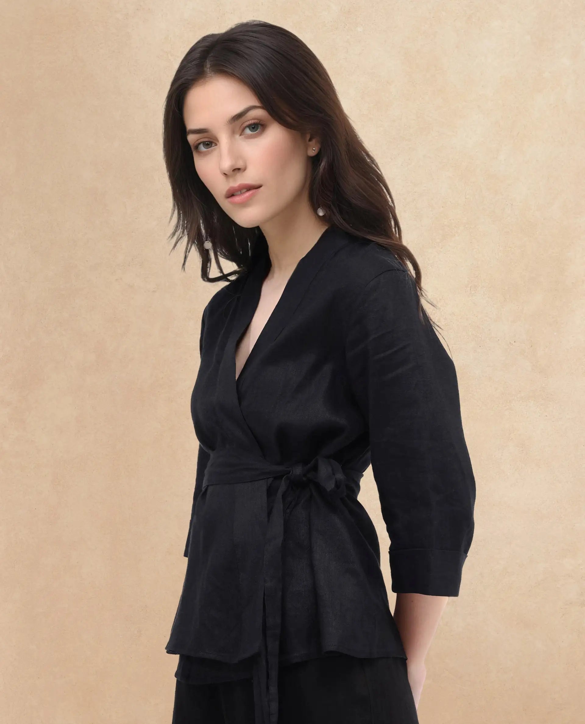 Rareism Women Costa-T Black Cotton Linen Fabric Regular Sleeves Collared Neck Solid Regular Length Top