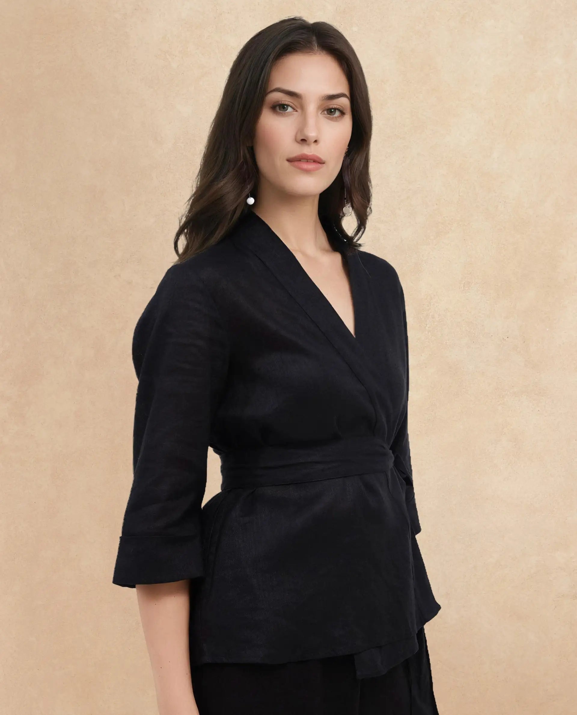 Rareism Women Costa-T Black Cotton Linen Fabric Regular Sleeves Collared Neck Solid Regular Length Top