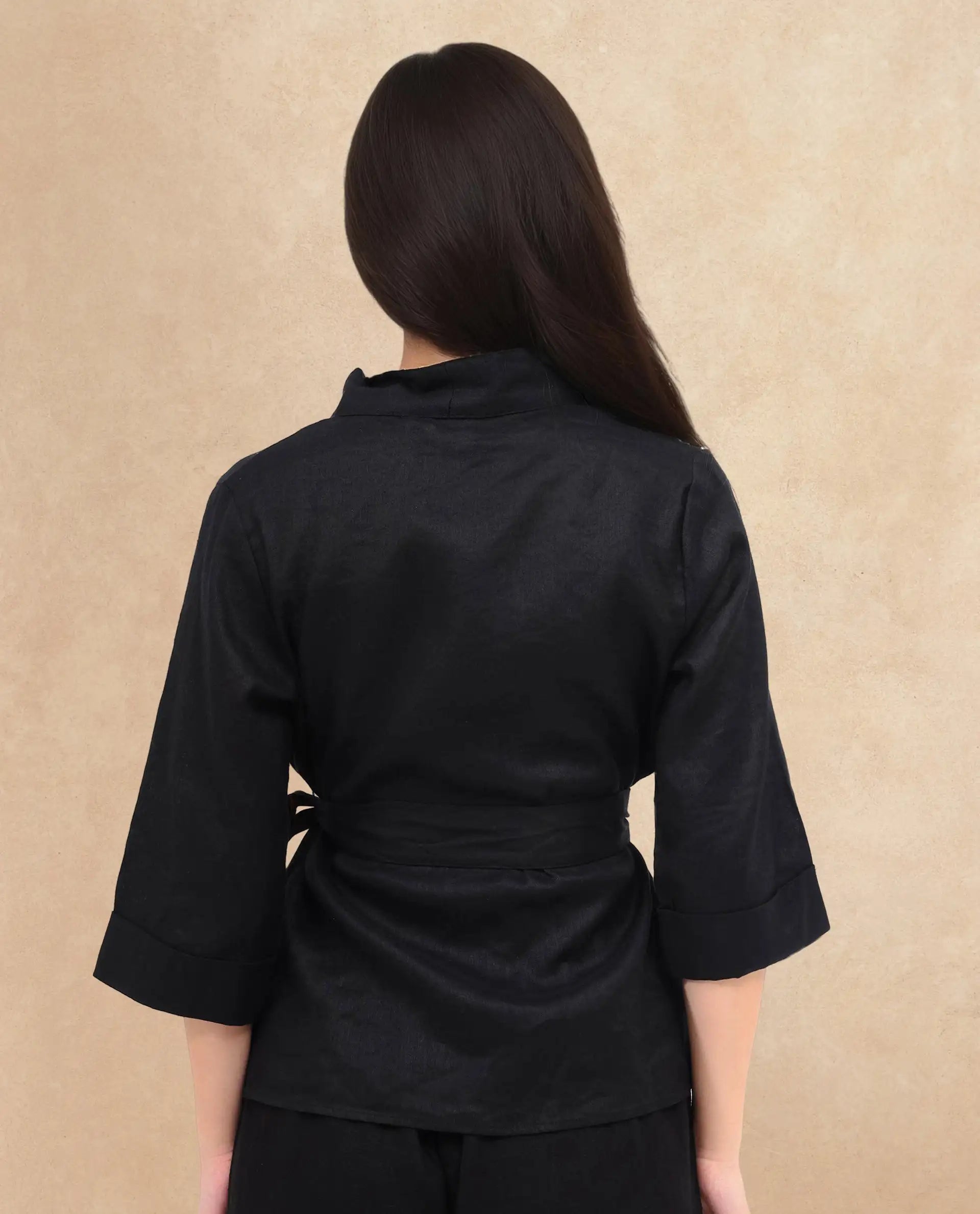 Rareism Women Costa-T Black Cotton Linen Fabric Regular Sleeves Collared Neck Solid Regular Length Top