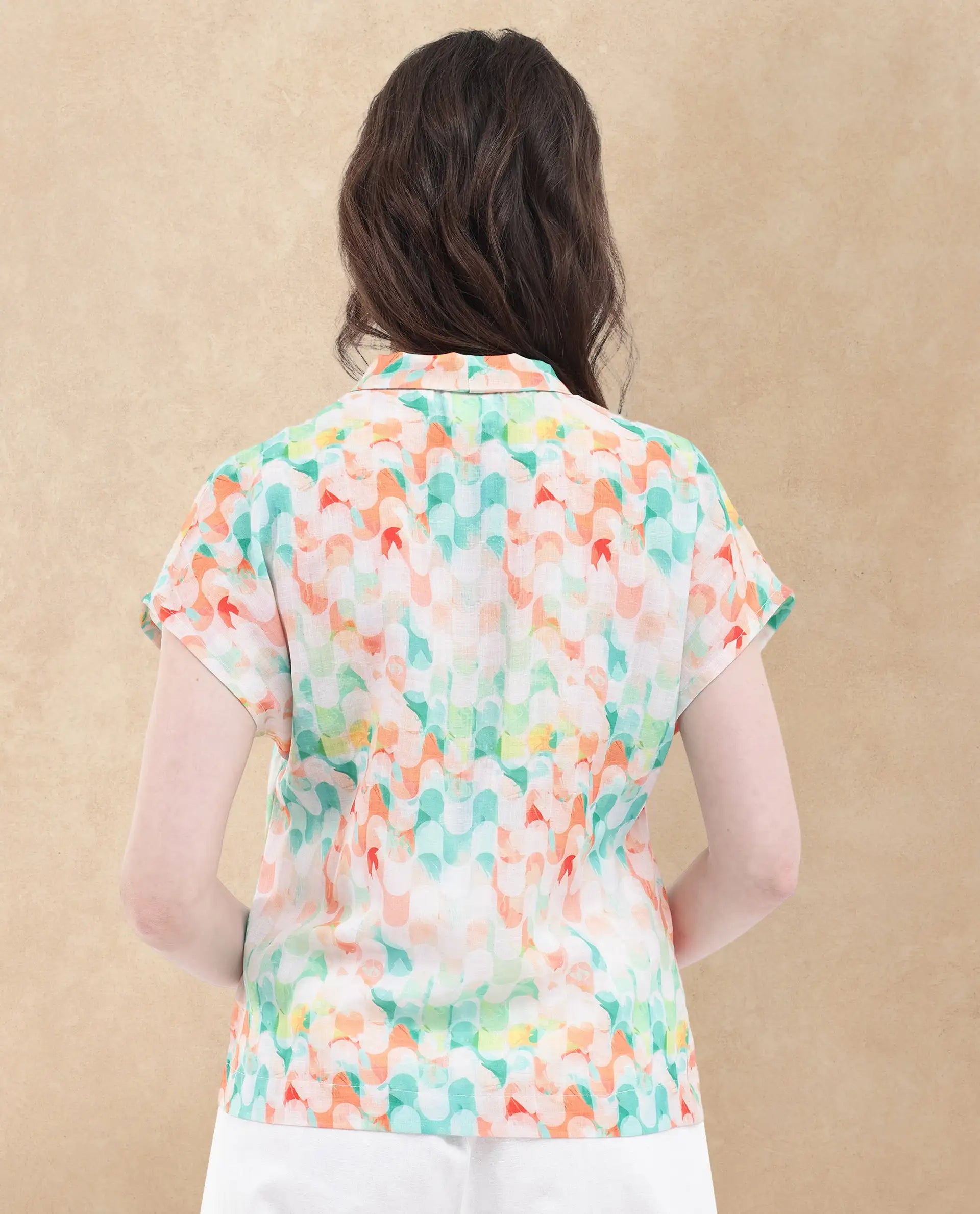 Rareism Women Crescent Flouroscent Multi Linen Fabric Short Sleeve Collarless Button Closure Geometric Print Regular Fit Top