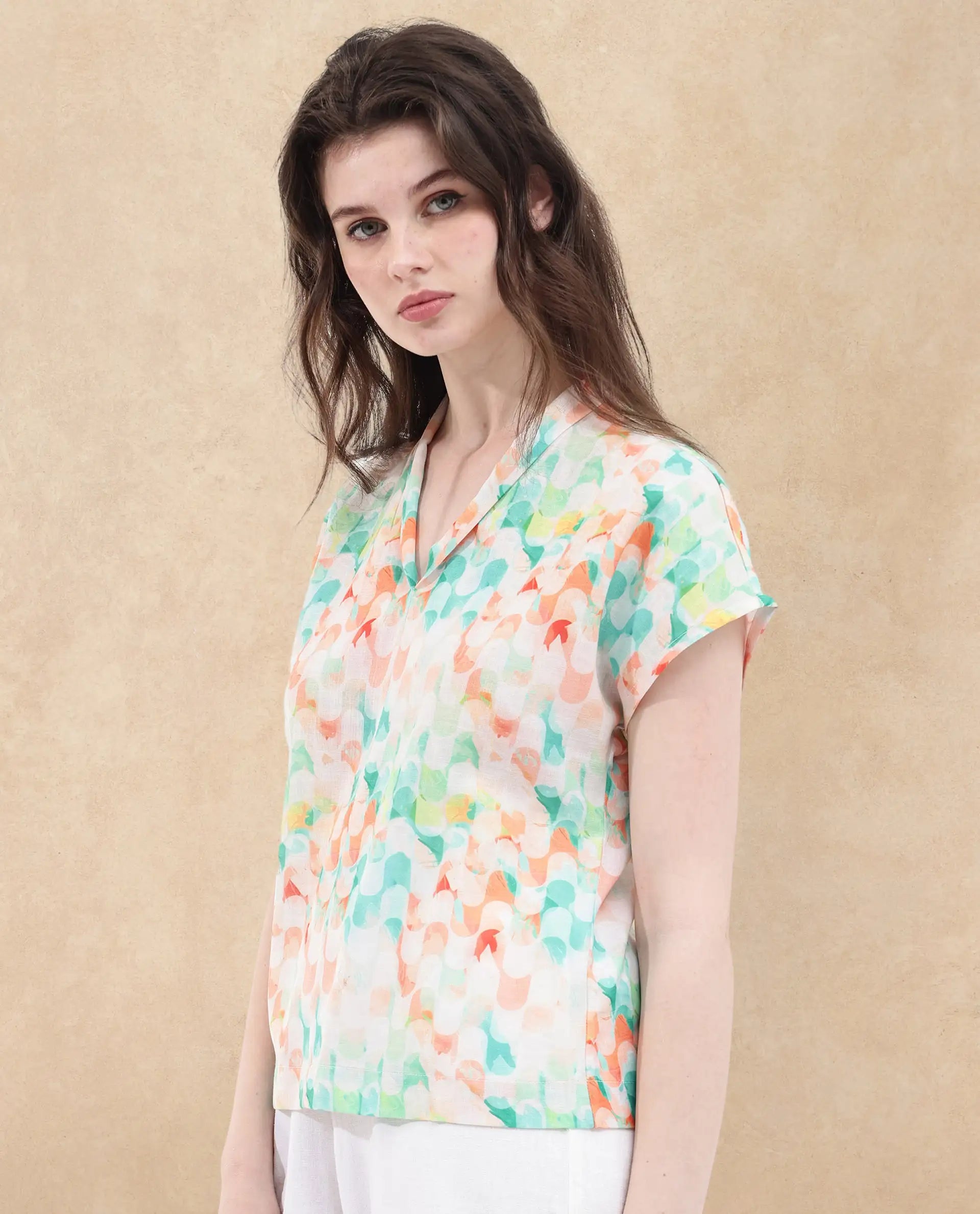 Rareism Women Crescent Flouroscent Multi Linen Fabric Short Sleeve Collarless Button Closure Geometric Print Regular Fit Top