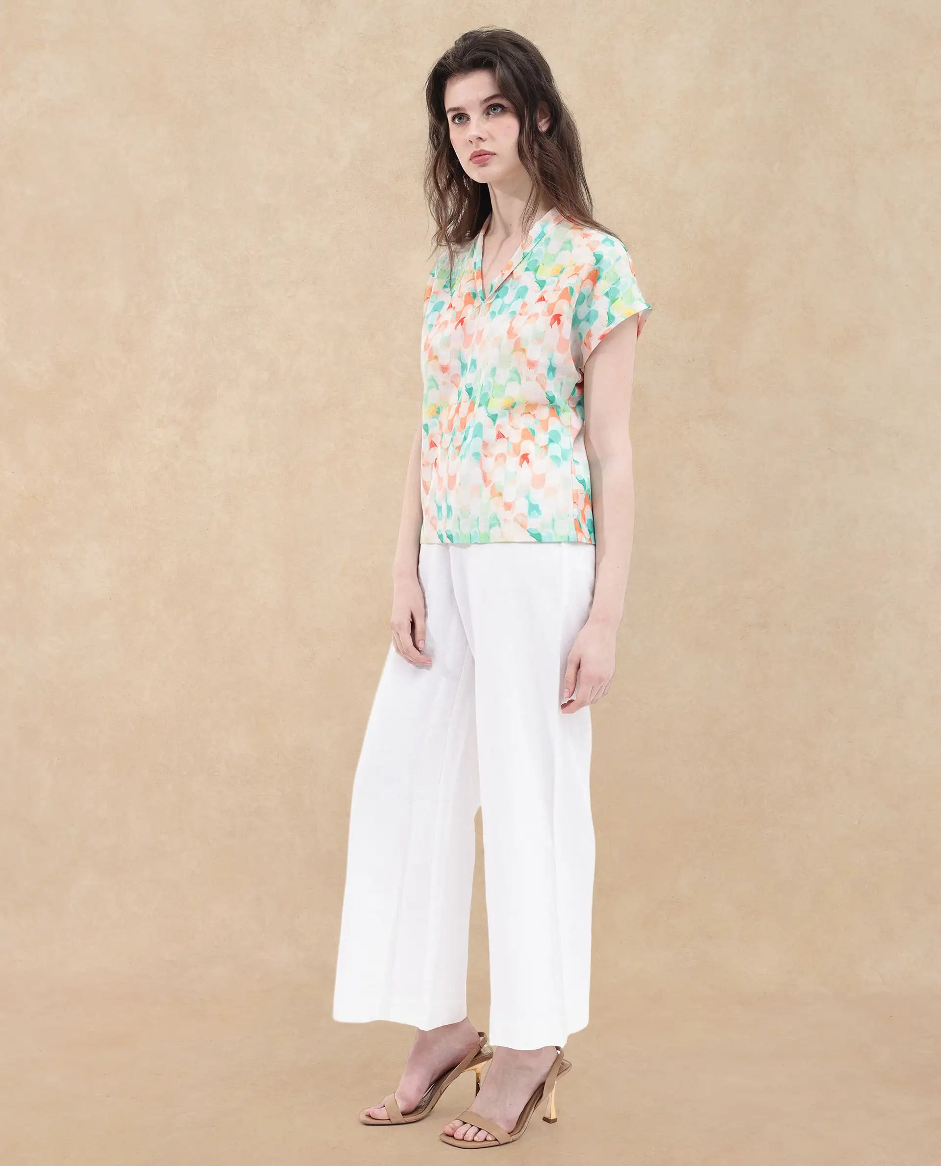 Rareism Women Crescent Flouroscent Multi Linen Fabric Short Sleeve Collarless Button Closure Geometric Print Regular Fit Top