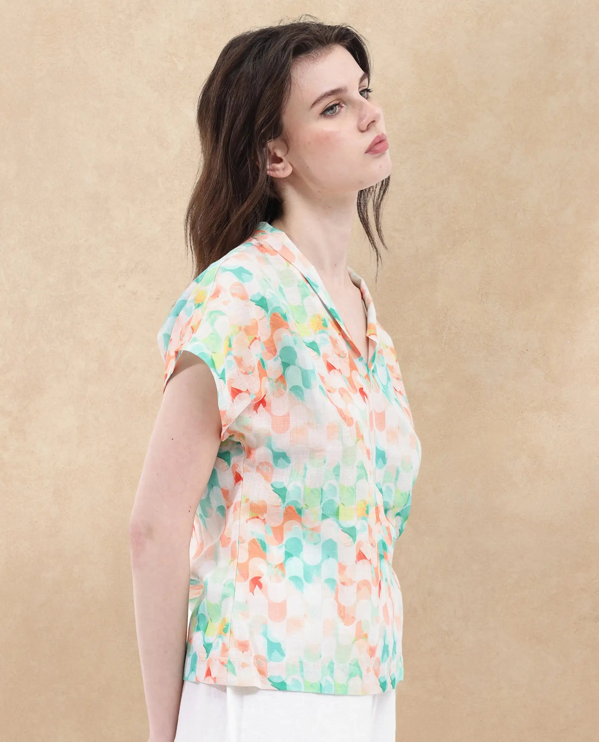 Rareism Women Crescent Flouroscent Multi Linen Fabric Short Sleeve Collarless Button Closure Geometric Print Regular Fit Top