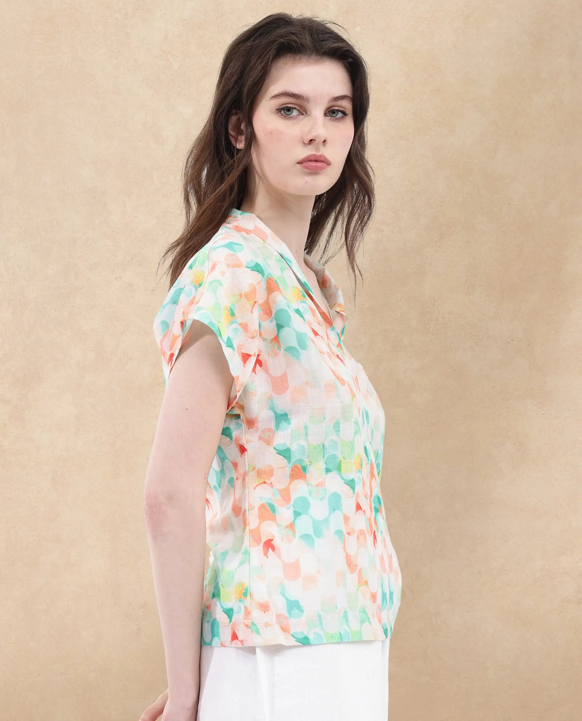 Rareism Women Crescent Flouroscent Multi Linen Fabric Short Sleeve Collarless Button Closure Geometric Print Regular Fit Top