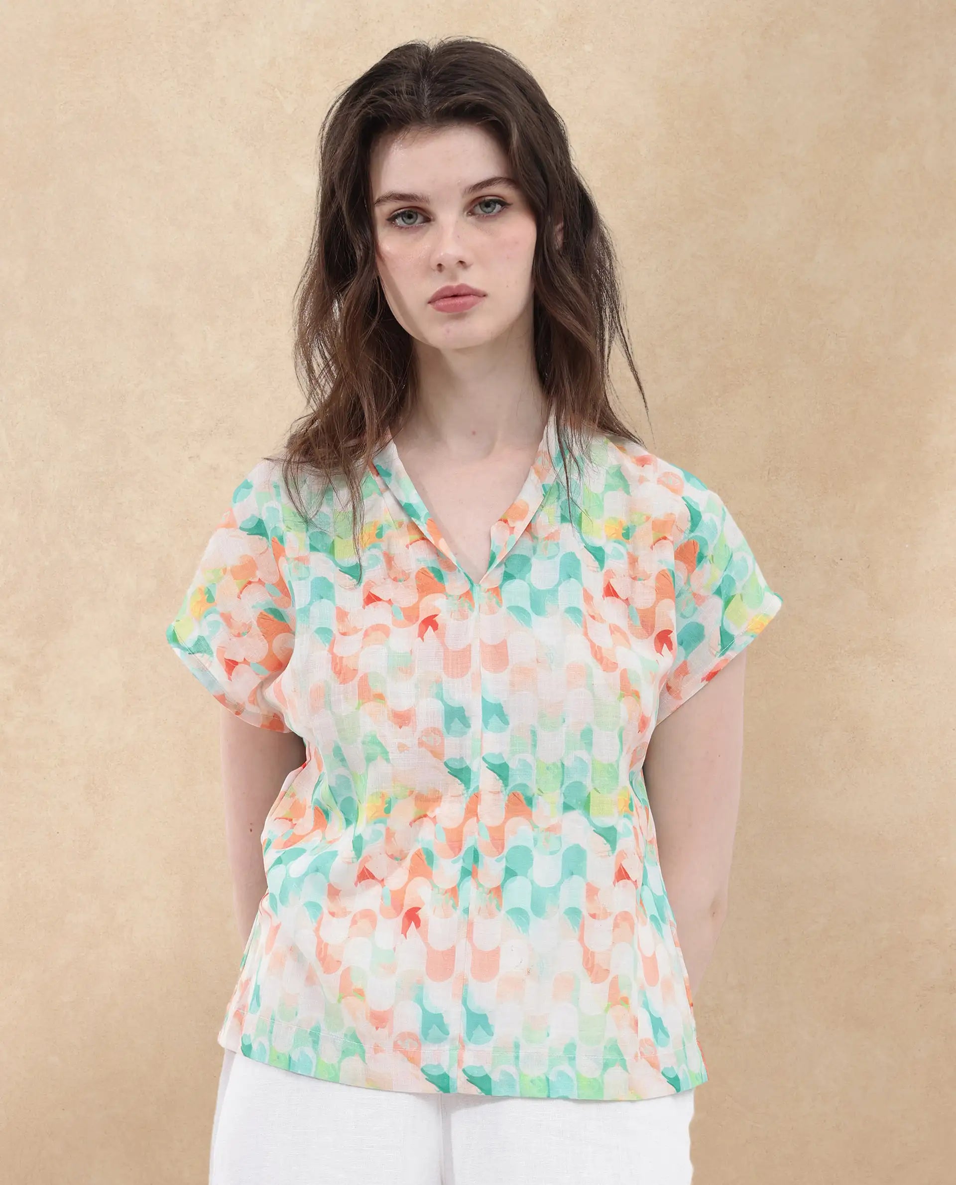 Rareism Women Crescent Flouroscent Multi Linen Fabric Short Sleeve Collarless Button Closure Geometric Print Regular Fit Top