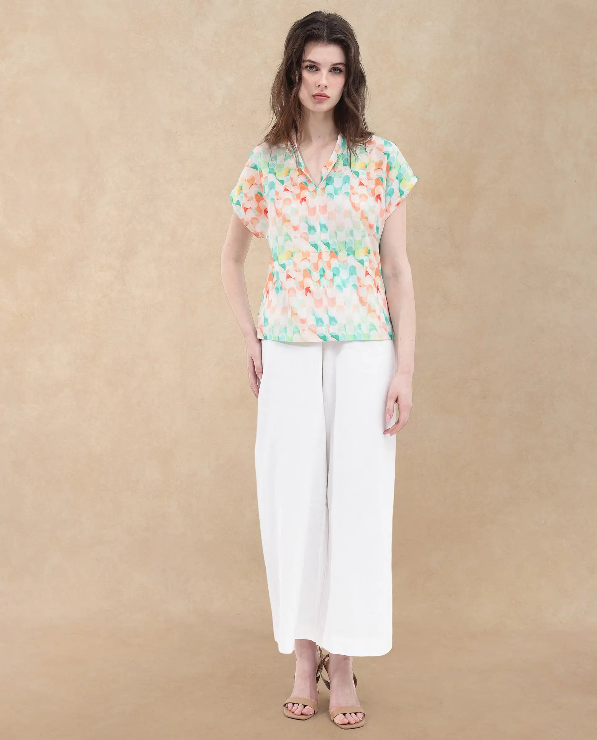 Rareism Women Crescent Flouroscent Multi Linen Fabric Short Sleeve Collarless Button Closure Geometric Print Regular Fit Top