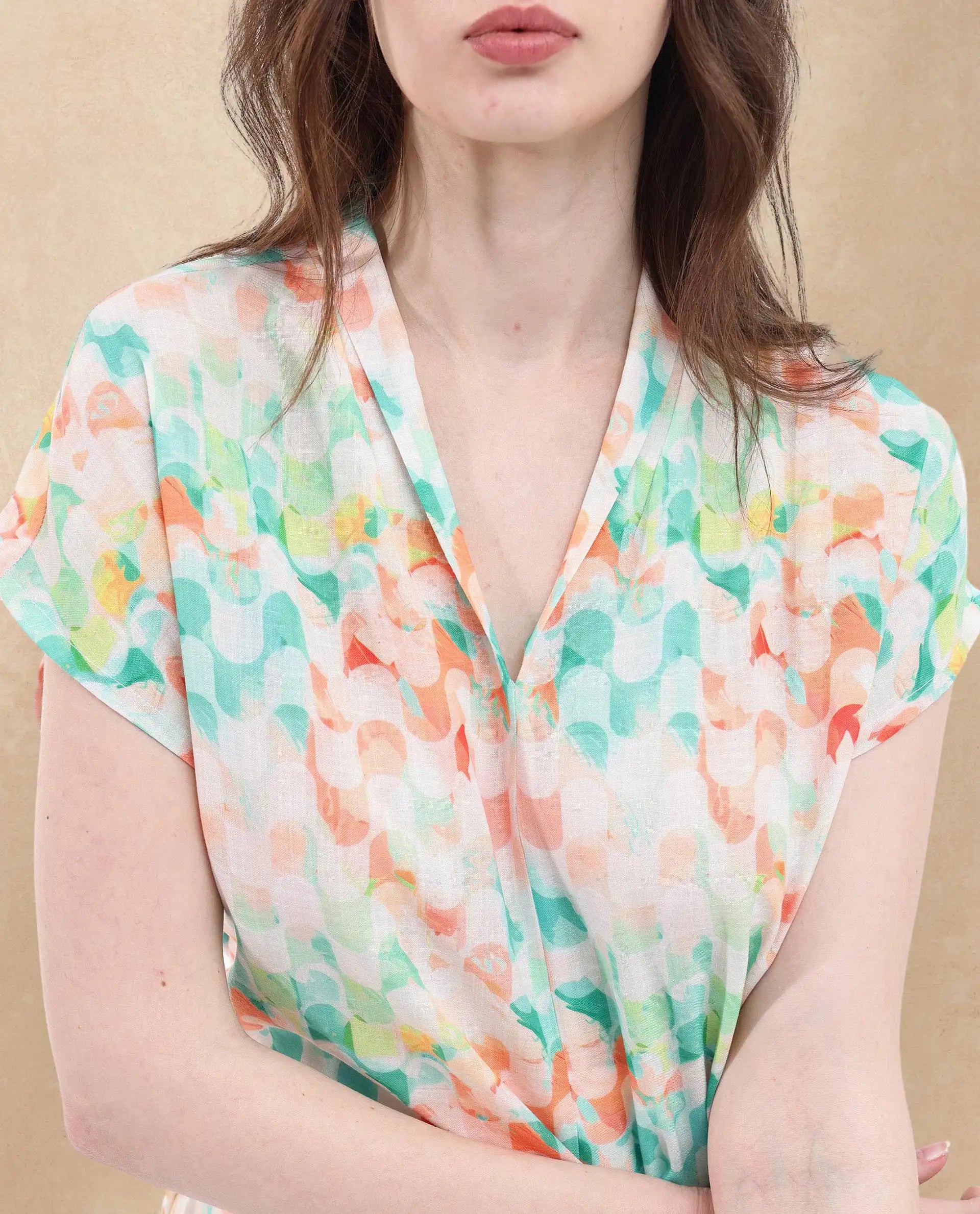 Rareism Women Crescent Flouroscent Multi Linen Fabric Short Sleeve Collarless Button Closure Geometric Print Regular Fit Top