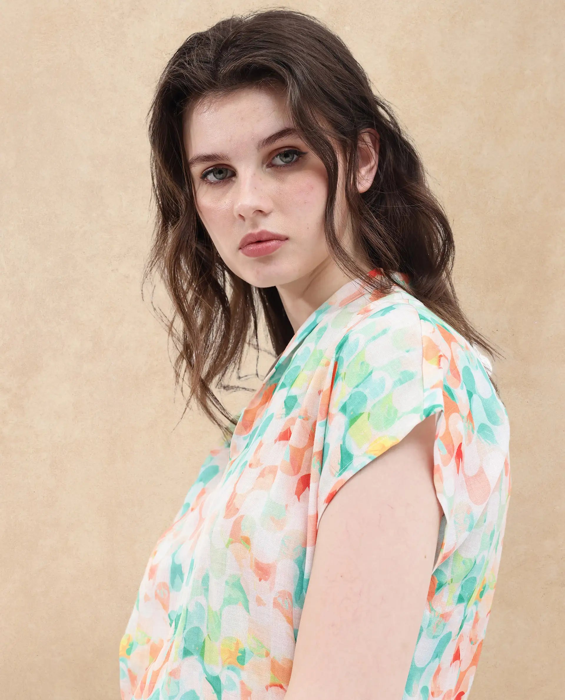 Rareism Women Crescent Flouroscent Multi Linen Fabric Short Sleeve Collarless Button Closure Geometric Print Regular Fit Top