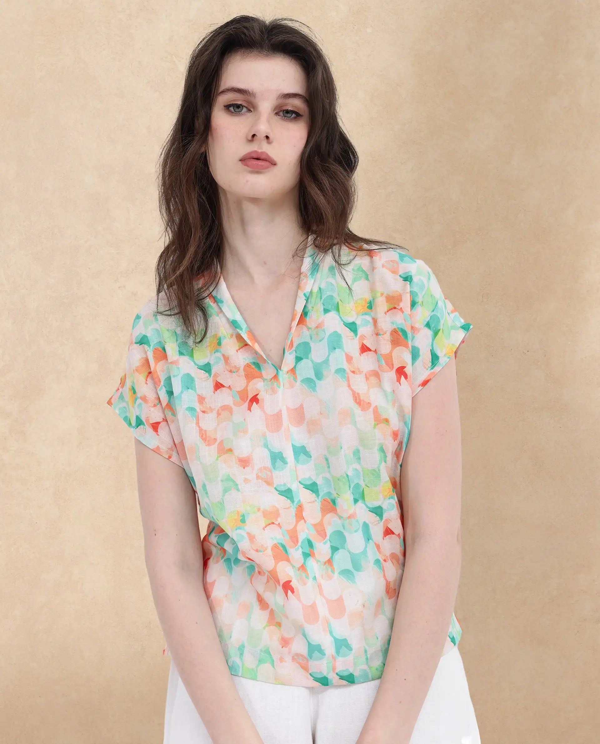 Rareism Women Crescent Flouroscent Multi Linen Fabric Short Sleeve Collarless Button Closure Geometric Print Regular Fit Top