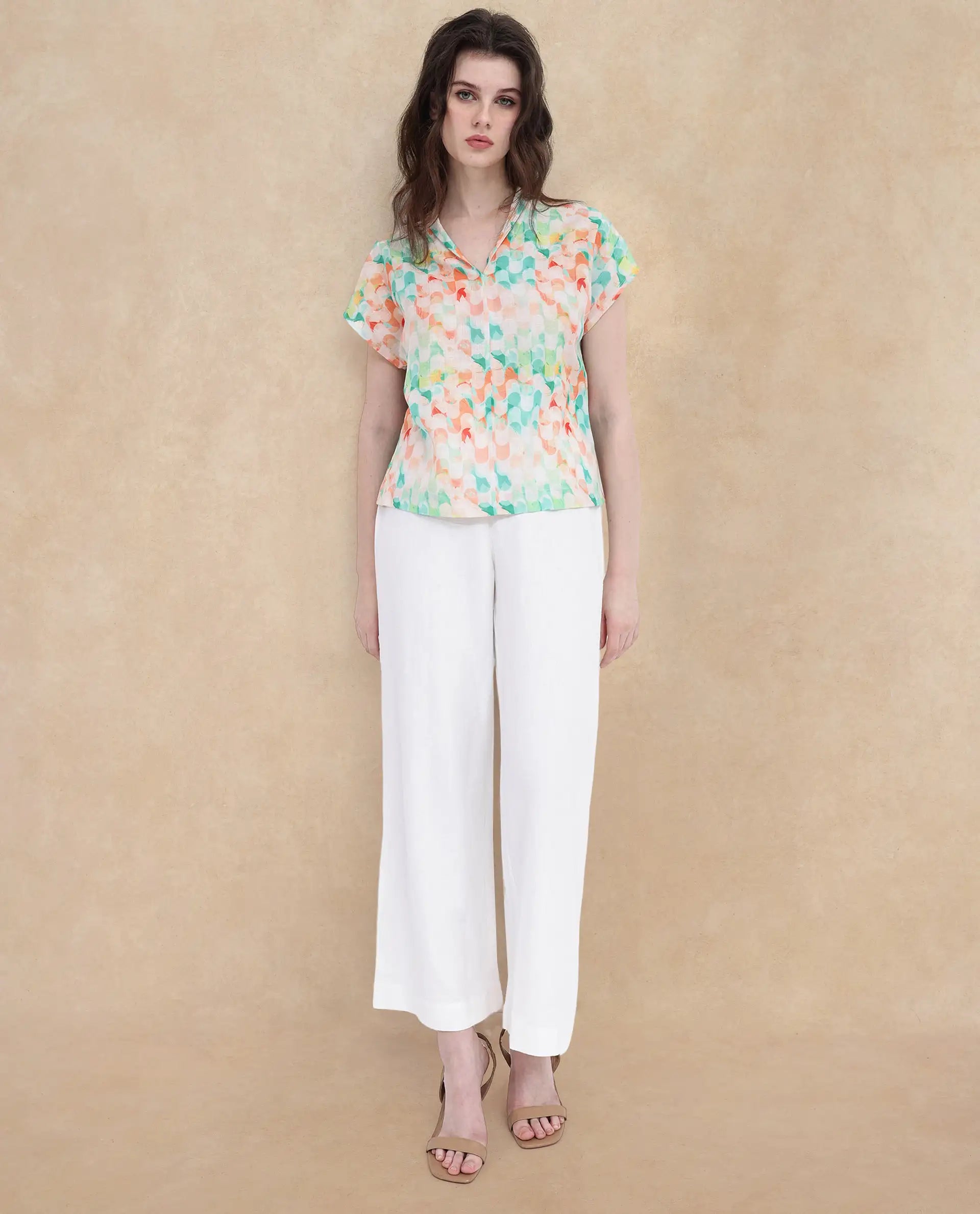 Rareism Women Crescent Flouroscent Multi Linen Fabric Short Sleeve Collarless Button Closure Geometric Print Regular Fit Top