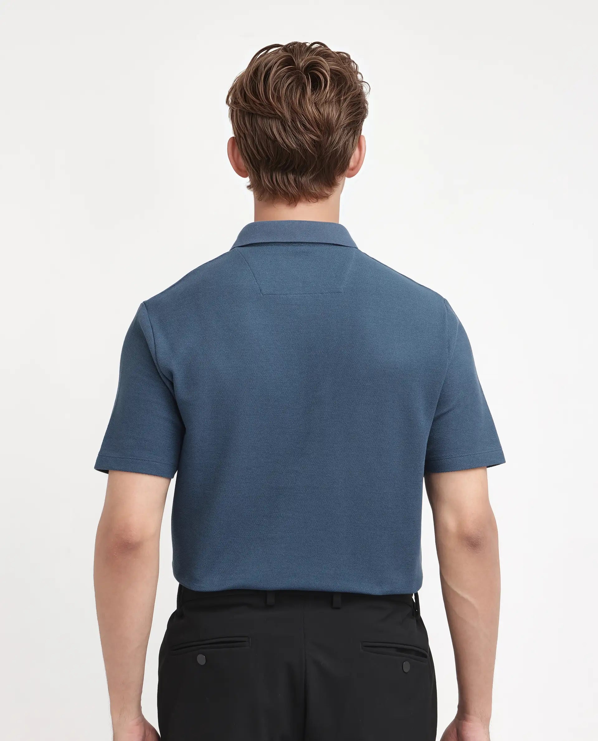 Rare Rabbit Men Crin Blue Cotton Fabric Short Sleeve Collared Neck Zipper Closure Plain Polo