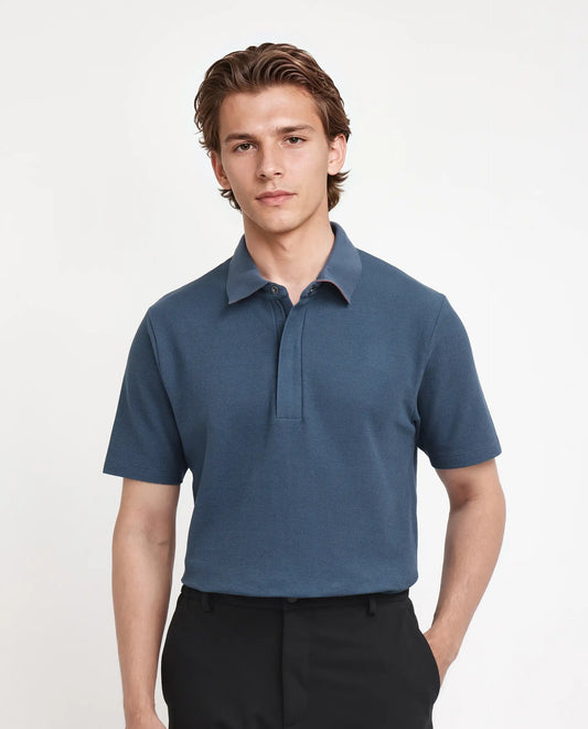Rare Rabbit Men Crin Blue Cotton Fabric Short Sleeve Collared Neck Zipper Closure Plain Polo