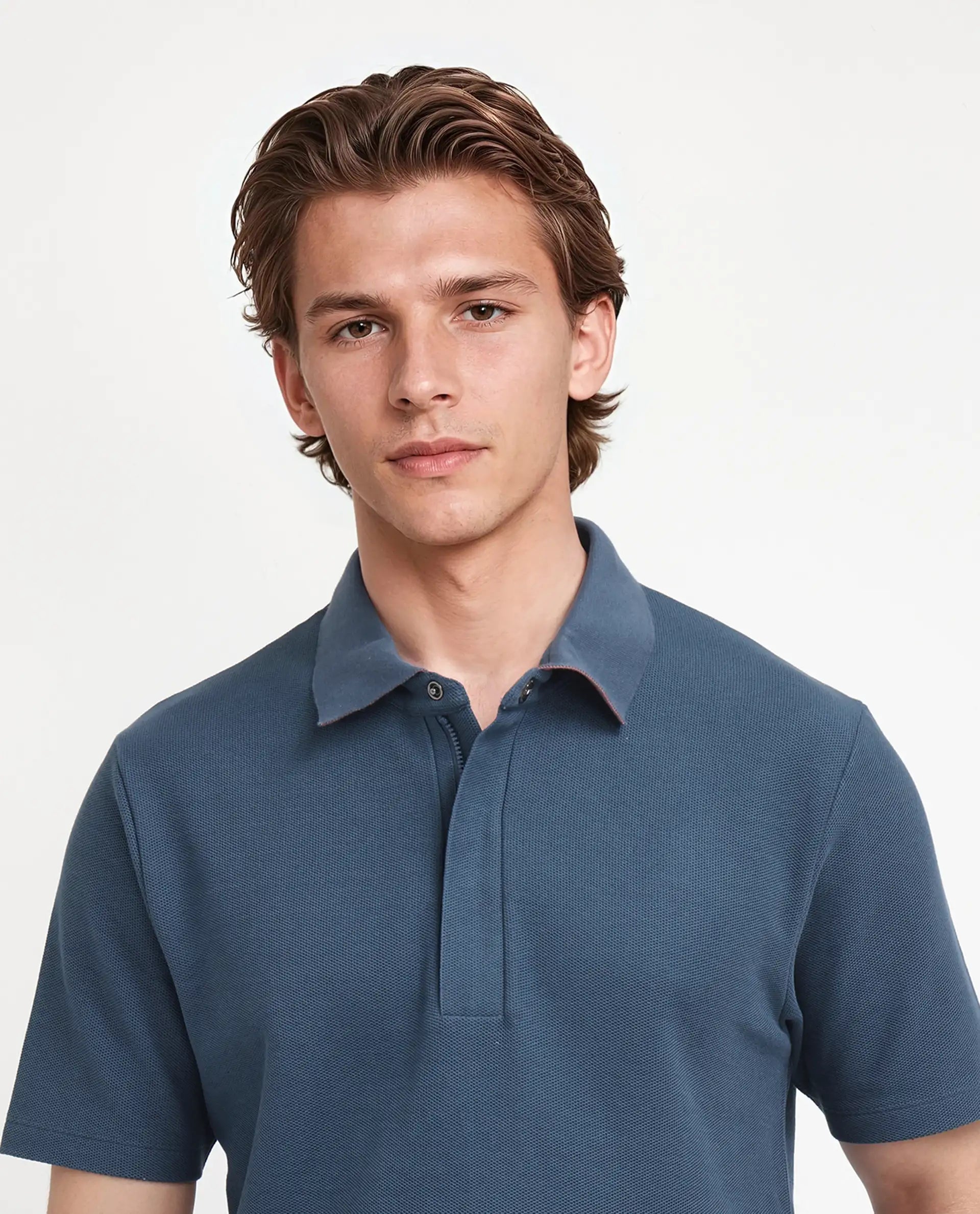 Rare Rabbit Men Crin Blue Cotton Fabric Short Sleeve Collared Neck Zipper Closure Plain Polo
