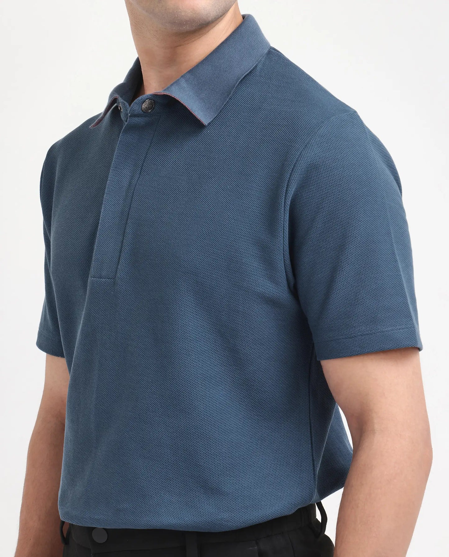 Rare Rabbit Men Crin Blue Cotton Fabric Short Sleeve Collared Neck Zipper Closure Plain Polo