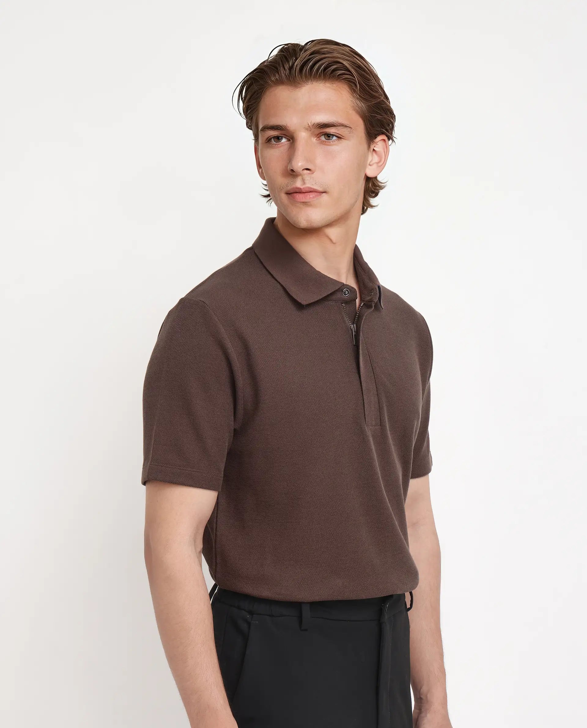 Rare Rabbit Men Crin Brown Cotton Fabric Short Sleeve Collared Neck Zipper Closure Plain Polo