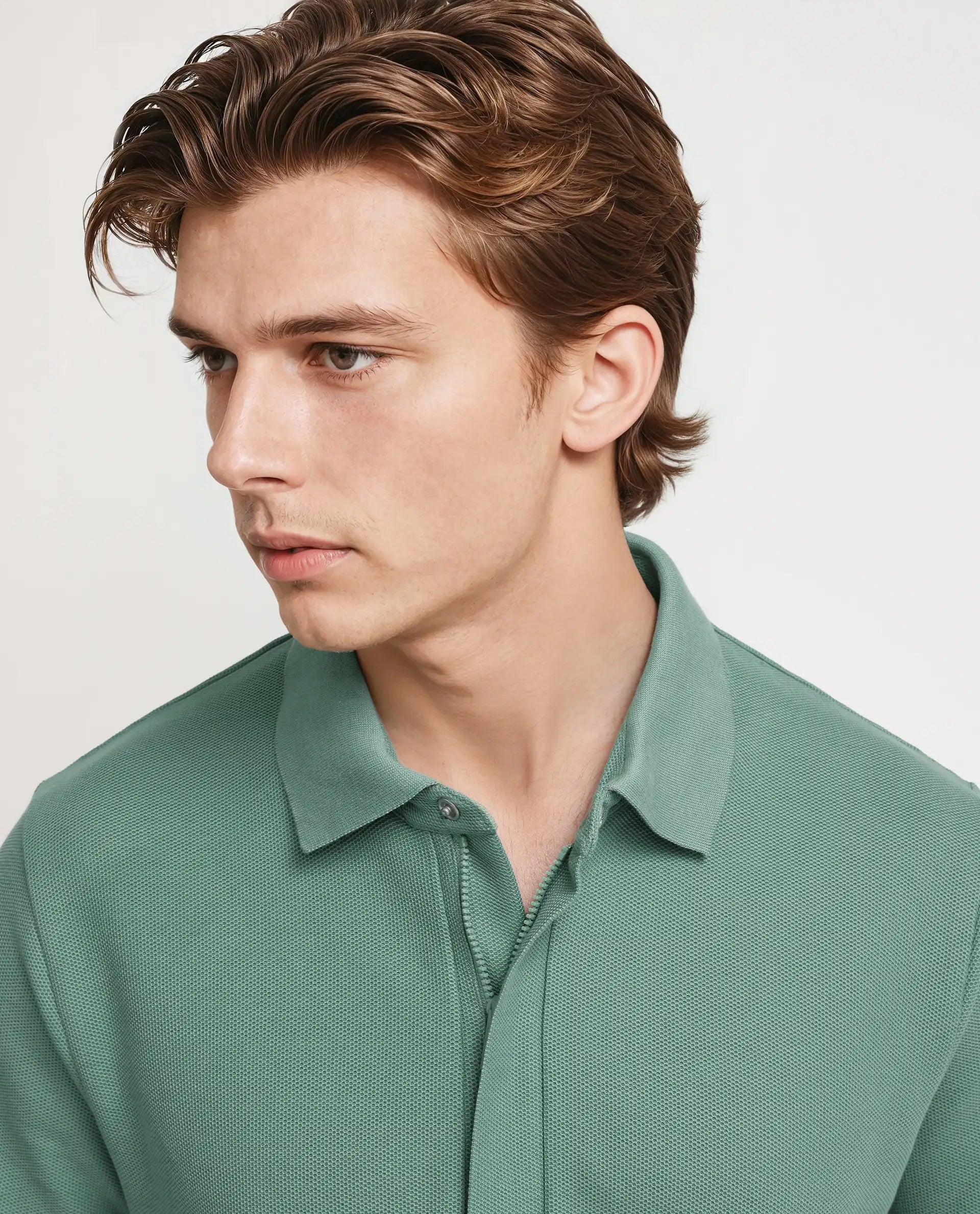 Rare Rabbit Men Crin Light Green Cotton Fabric Short Sleeve Collared Neck Zipper Closure Plain Polo