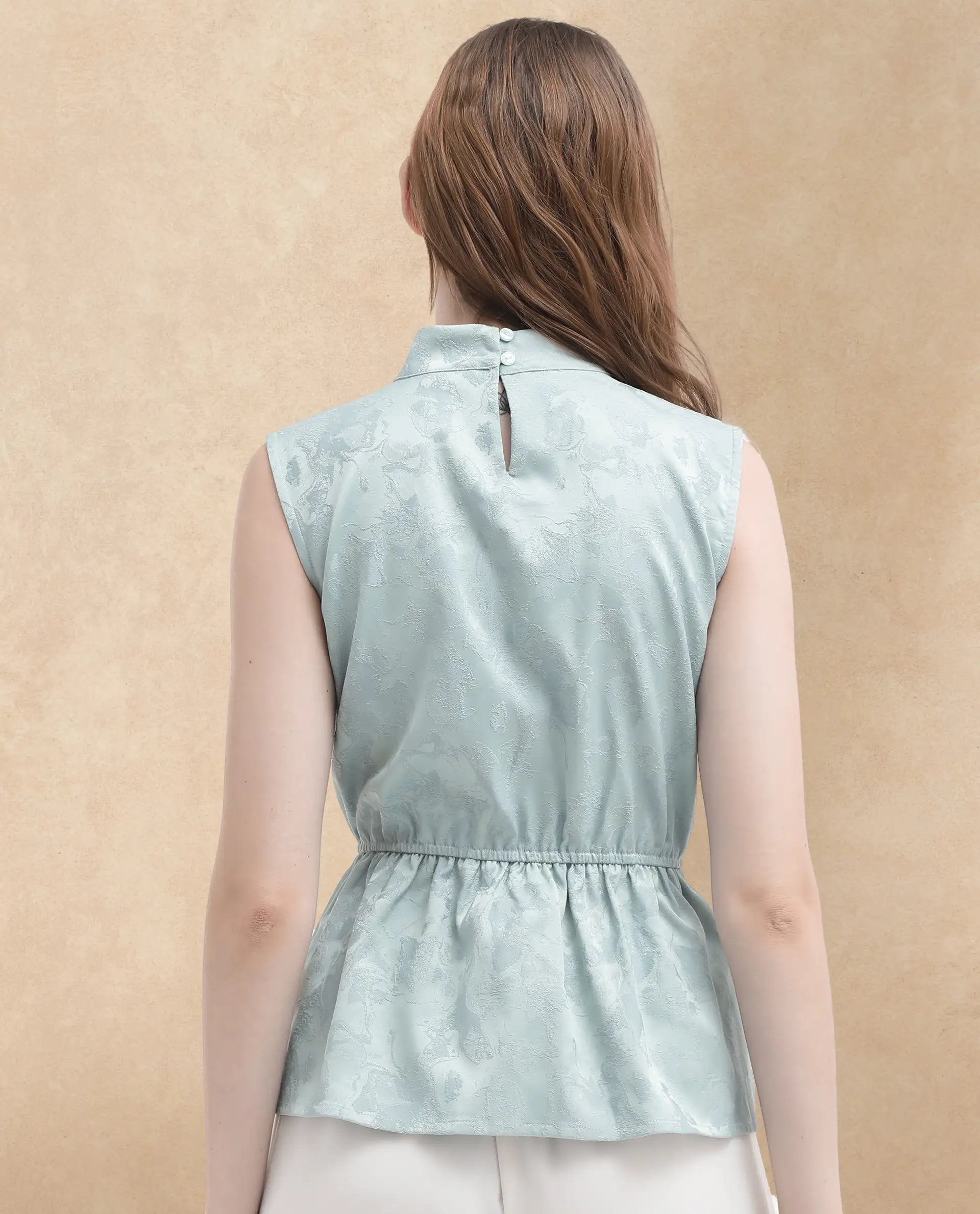 Rareism Women Cupid Light Blue Polyester Fabric Sleeveless Cut Away Collar Textured Top