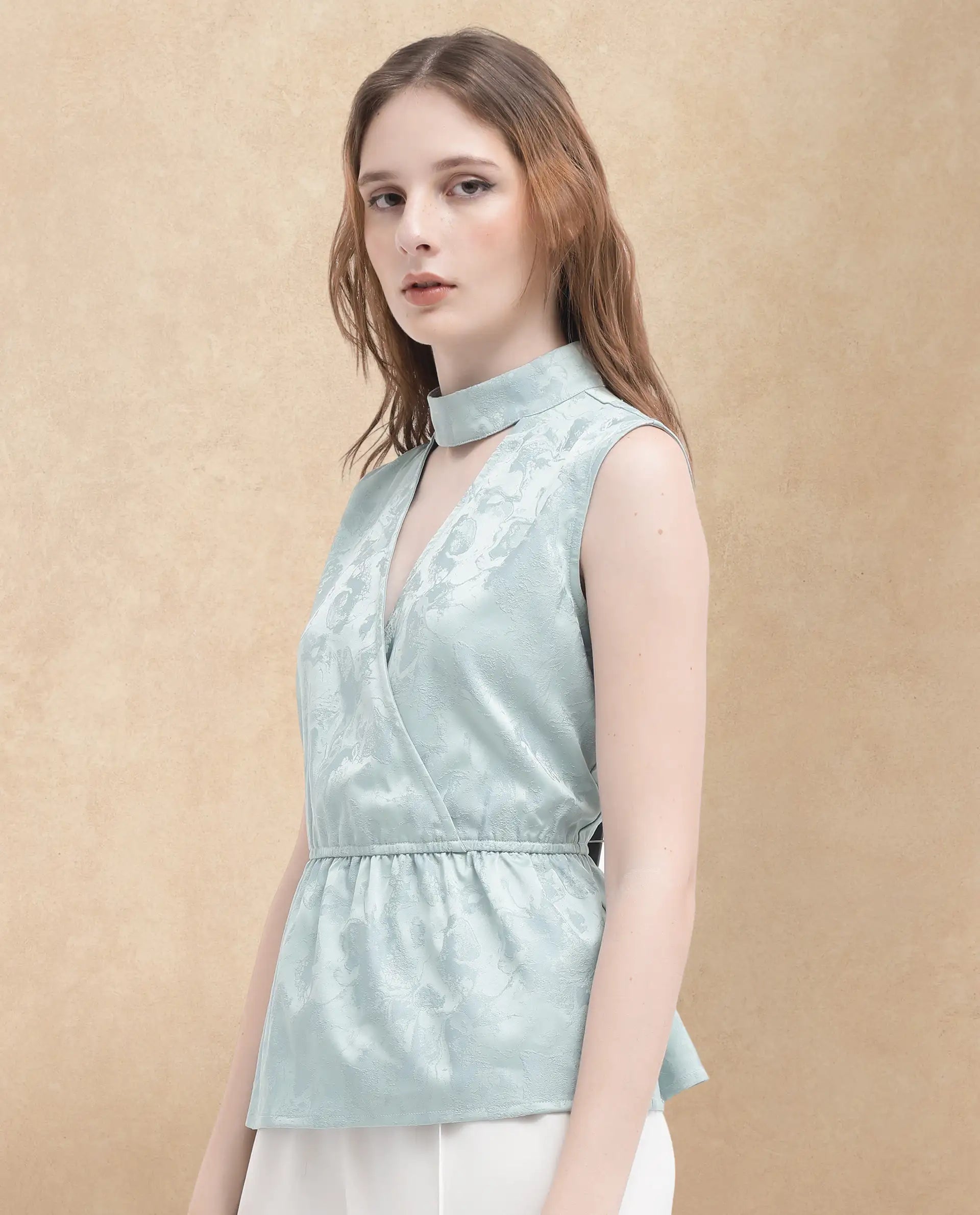 Rareism Women Cupid Light Blue Polyester Fabric Sleeveless Cut Away Collar Textured Top