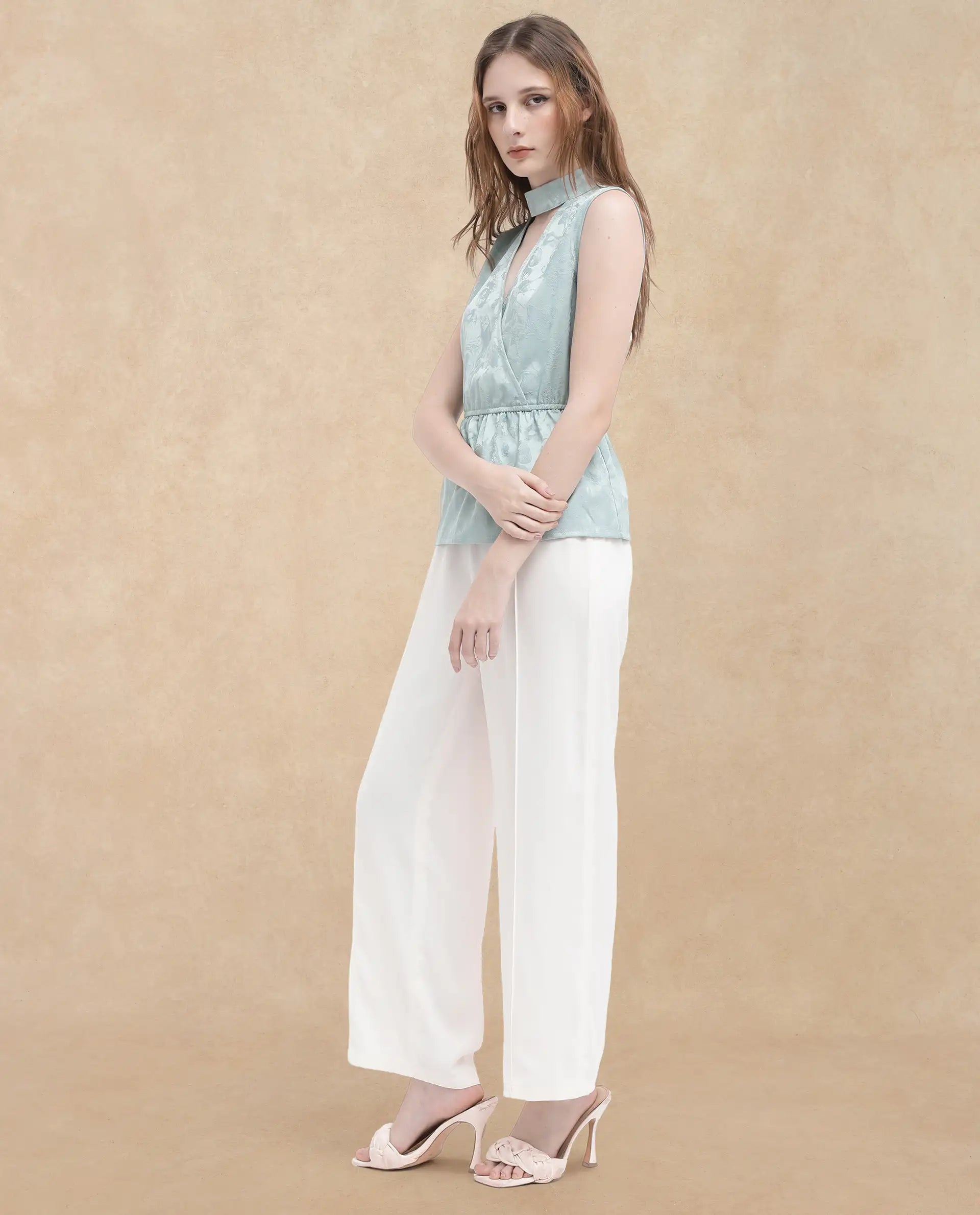 Rareism Women Cupid Light Blue Polyester Fabric Sleeveless Cut Away Collar Textured Top