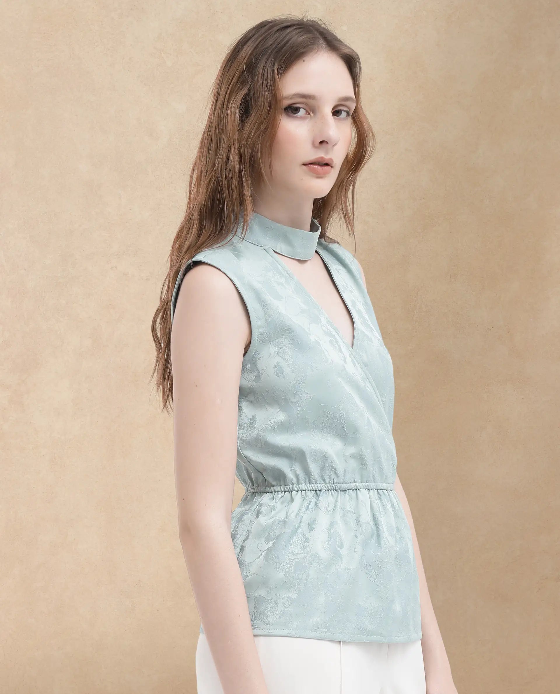 Rareism Women Cupid Light Blue Polyester Fabric Sleeveless Cut Away Collar Textured Top