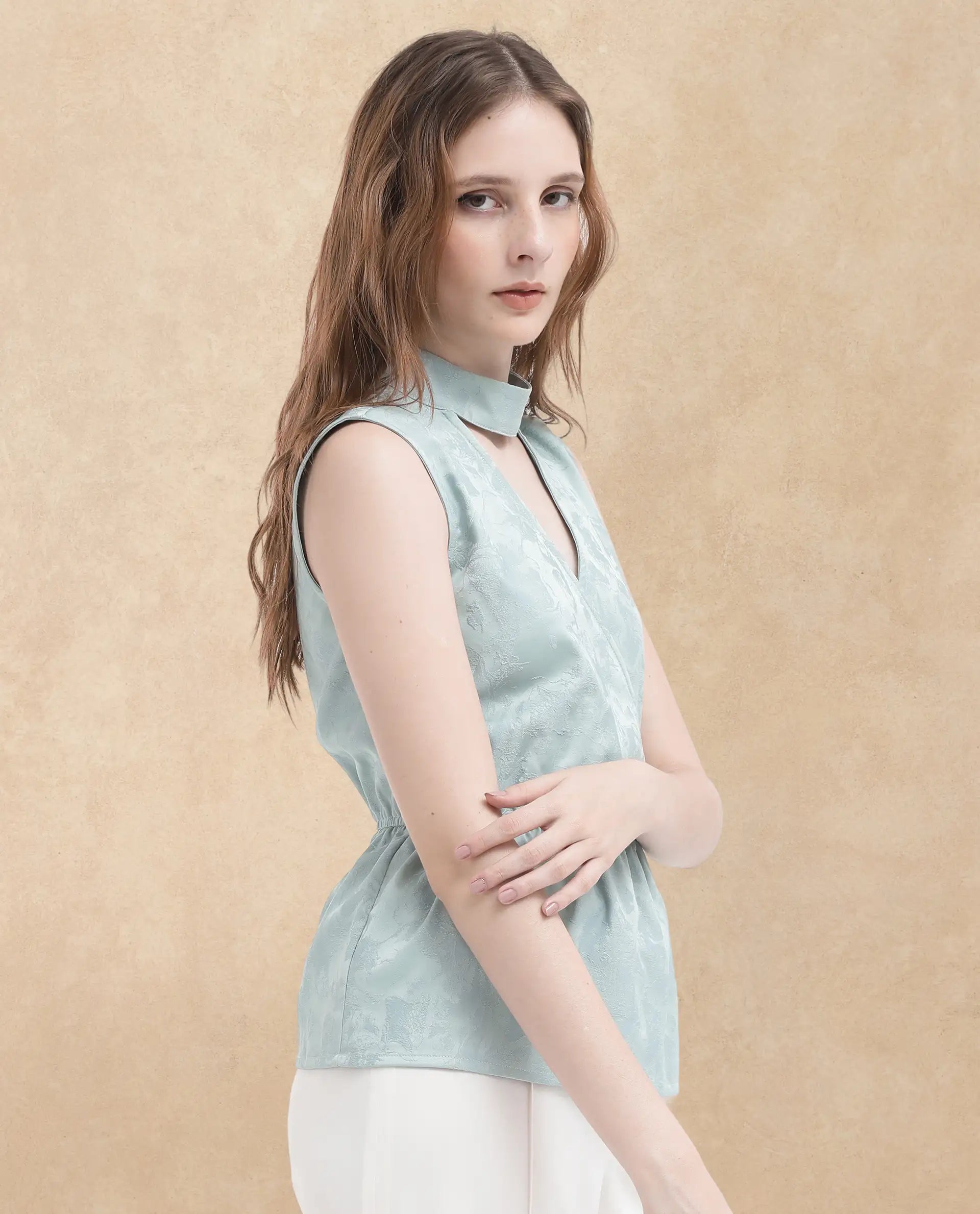 Rareism Women Cupid Light Blue Polyester Fabric Sleeveless Cut Away Collar Textured Top