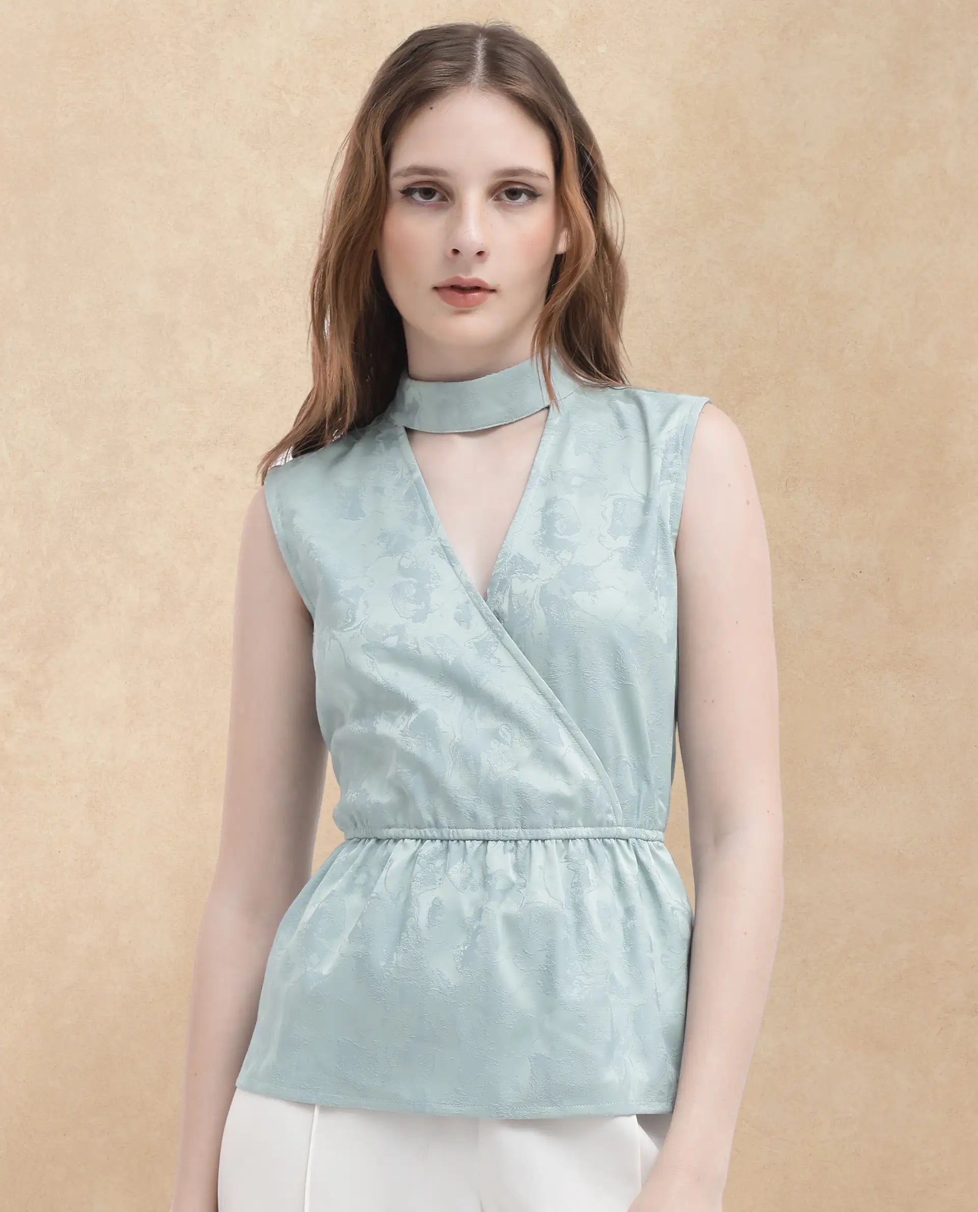Rareism Women Cupid Light Blue Polyester Fabric Sleeveless Cut Away Collar Textured Top