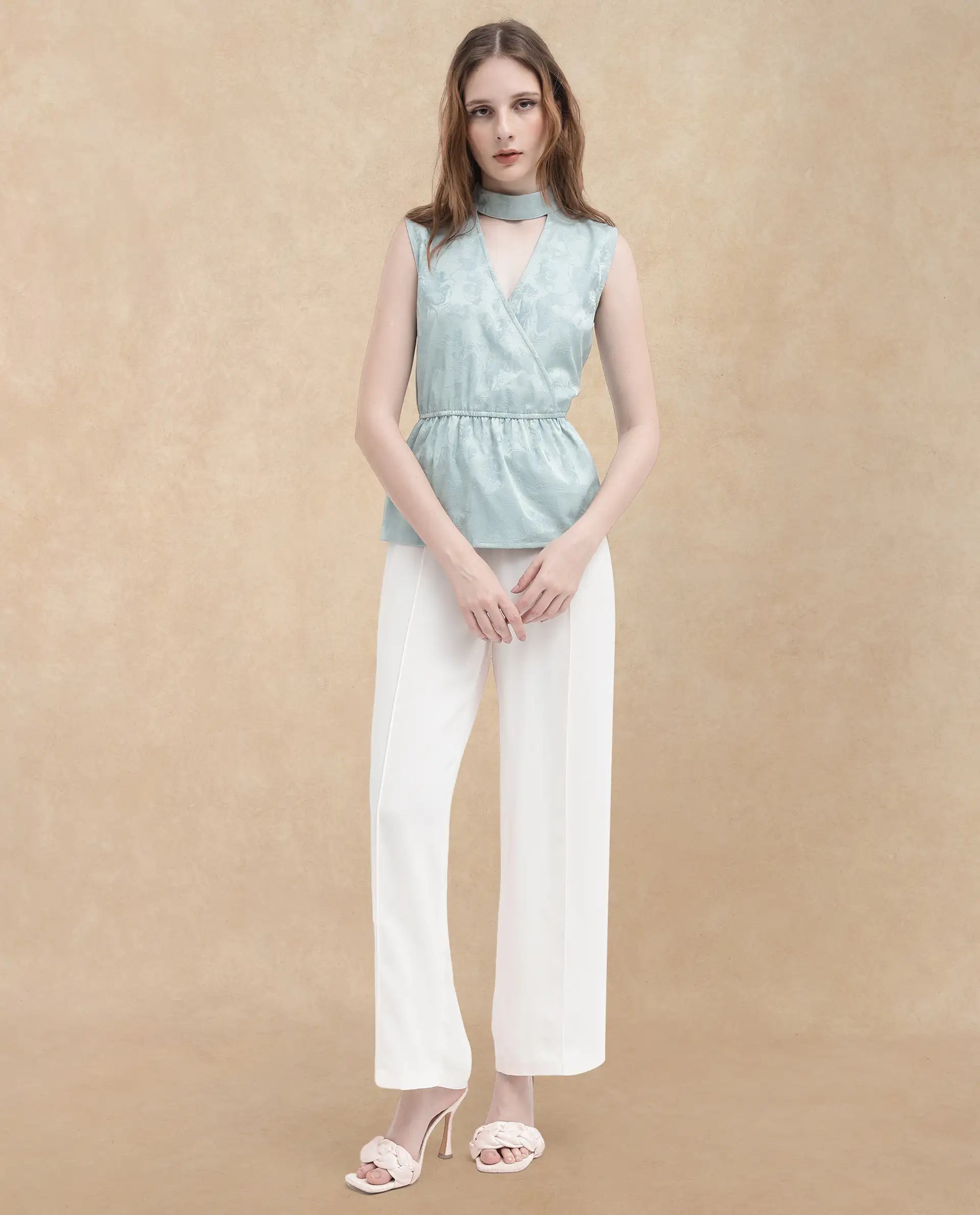 Rareism Women Cupid Light Blue Polyester Fabric Sleeveless Cut Away Collar Textured Top