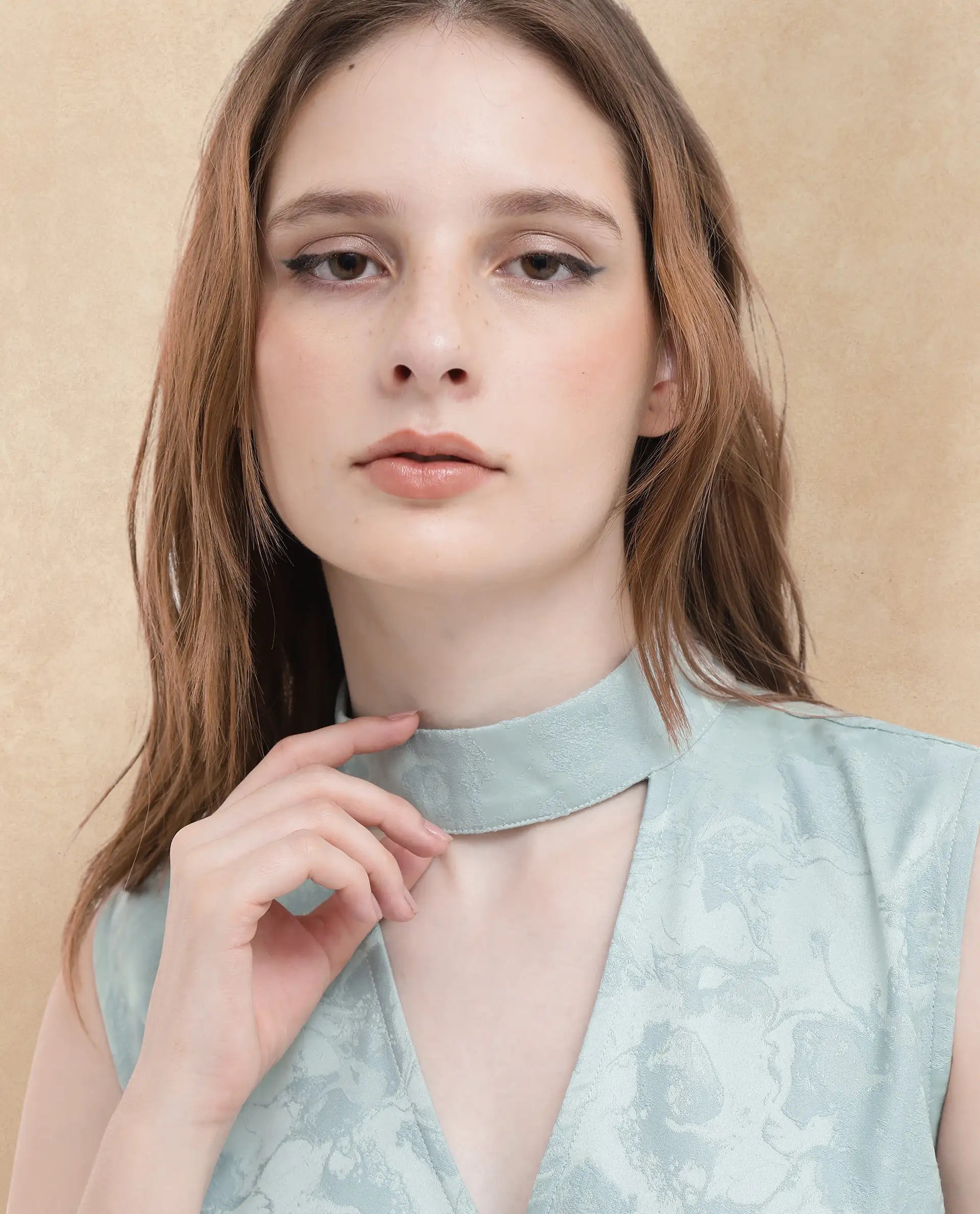 Rareism Women Cupid Light Blue Polyester Fabric Sleeveless Cut Away Collar Textured Top