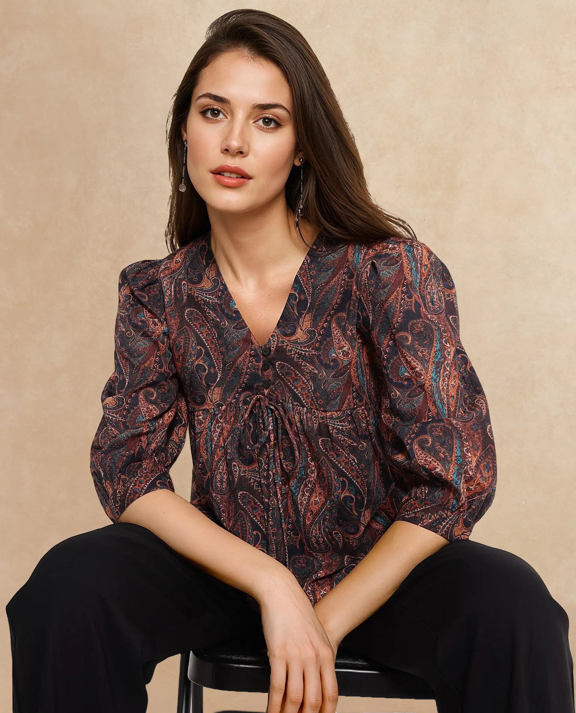 Rareism Women Cyak Multi Puff Sleeves V-Neck Button Paisley Print Top